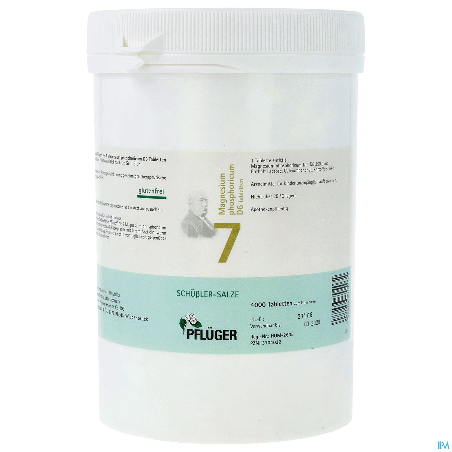 Weißer Behälter mit der Aufschrift "Schüle-Salze" und "Pflüger", enthält 4000 Magnesiumtabletten.