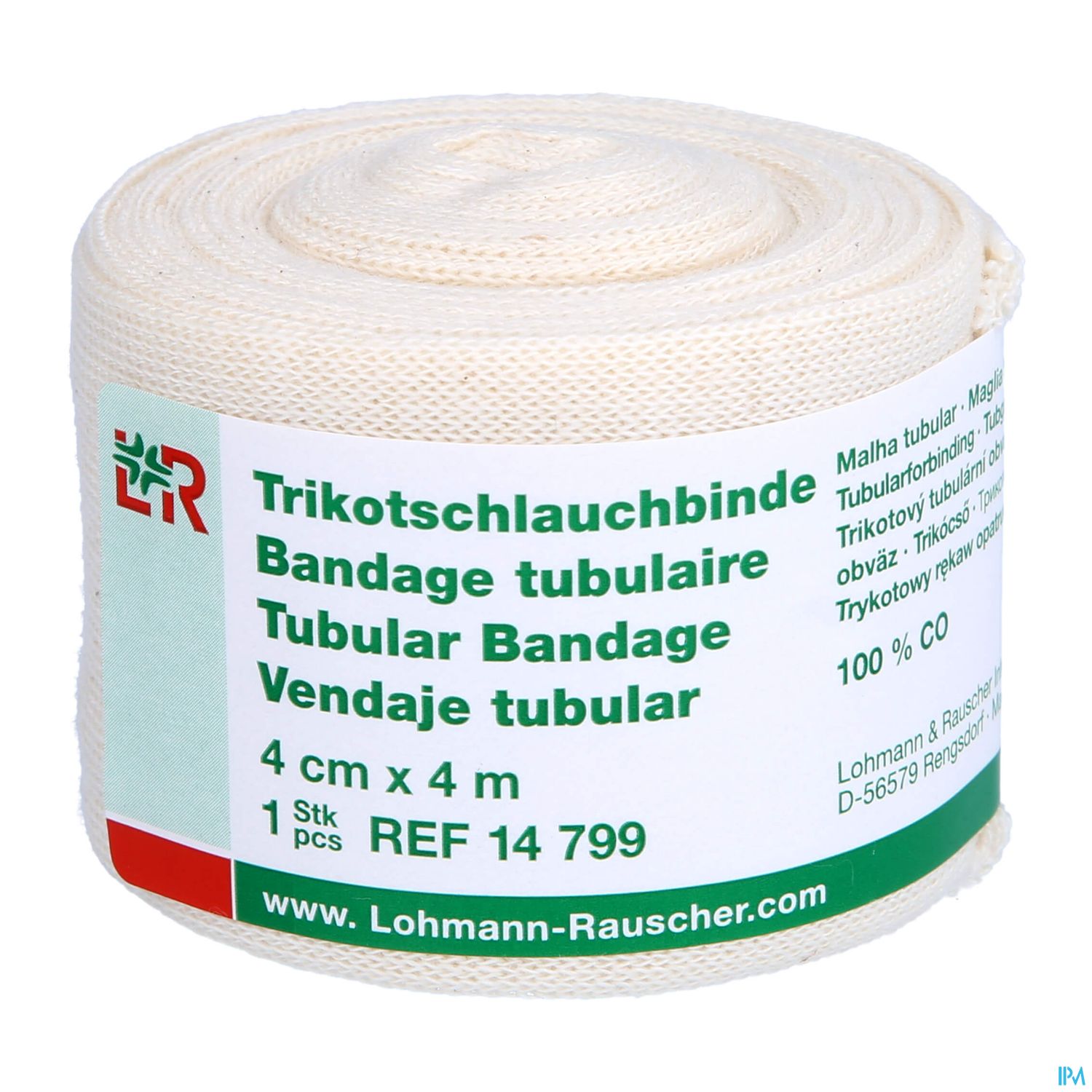 Weißer Trikotschlauchverband, 4 cm x 4 m, in Verpackung mit Beschriftung.