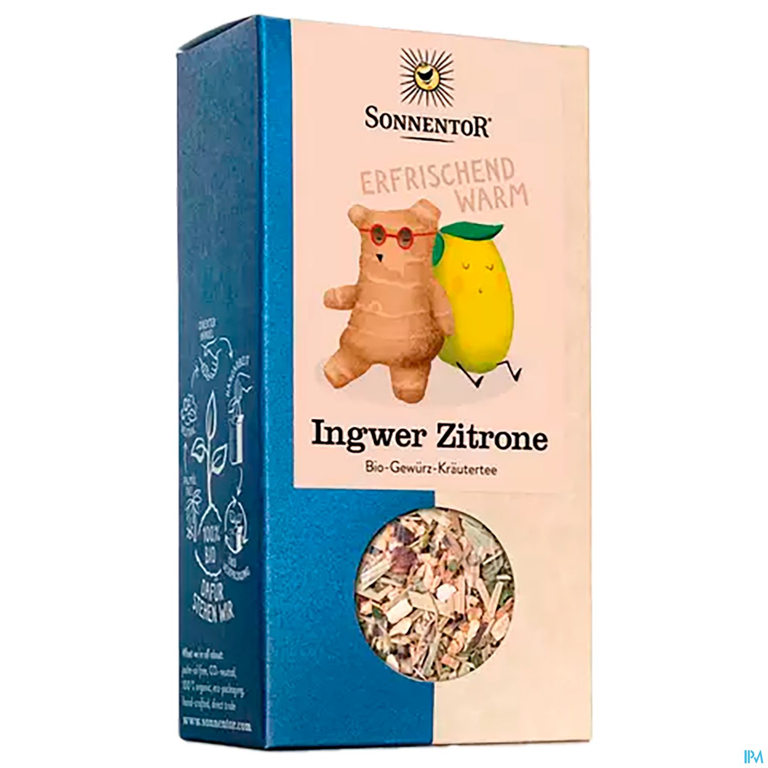 Verpackung von Sonnentor "Ingwer Zitrone", mit einem Bären und einer Zitrone auf der Vorderseite sowie einer Darstellung der Teemischung.