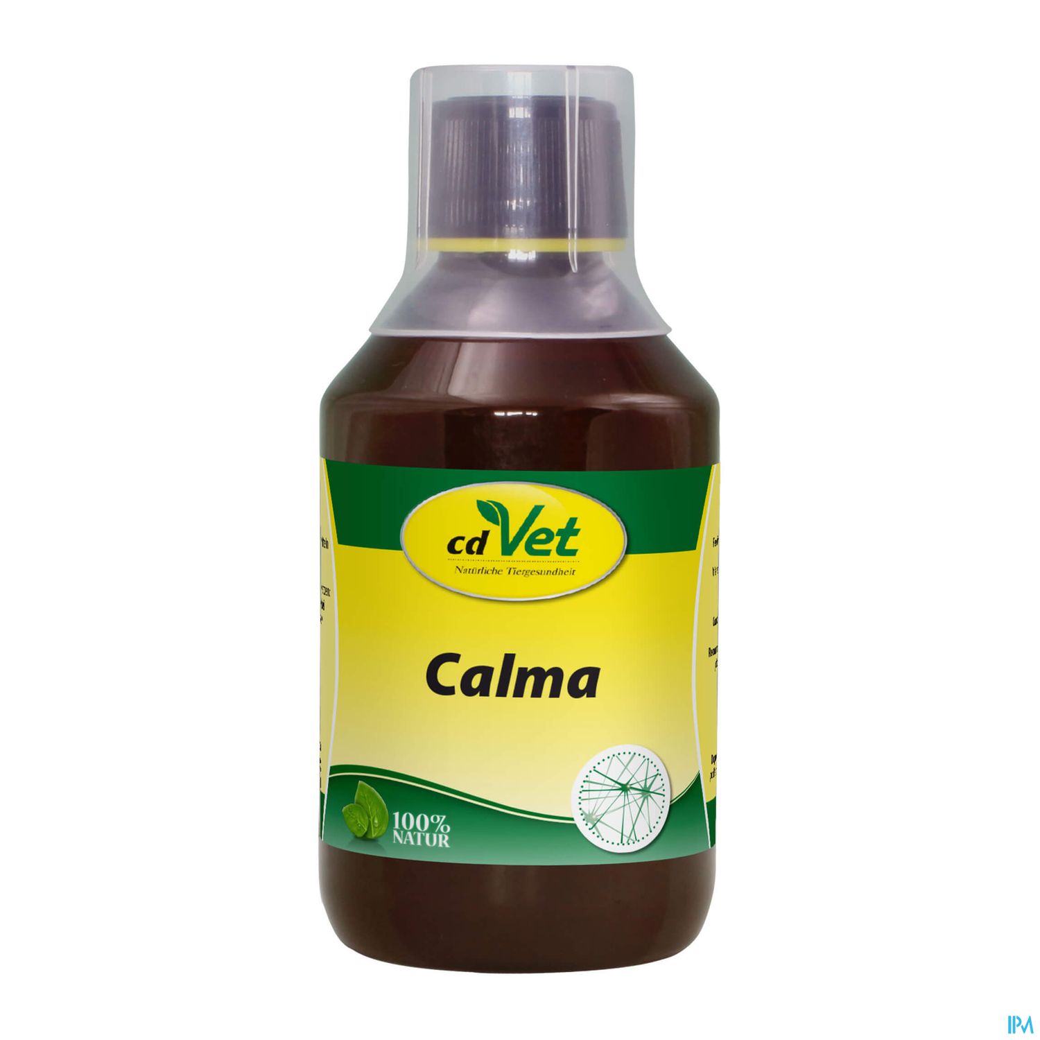Flasche mit dem Aufdruck "cdVet Calma" und dem Hinweis "100% Natur".