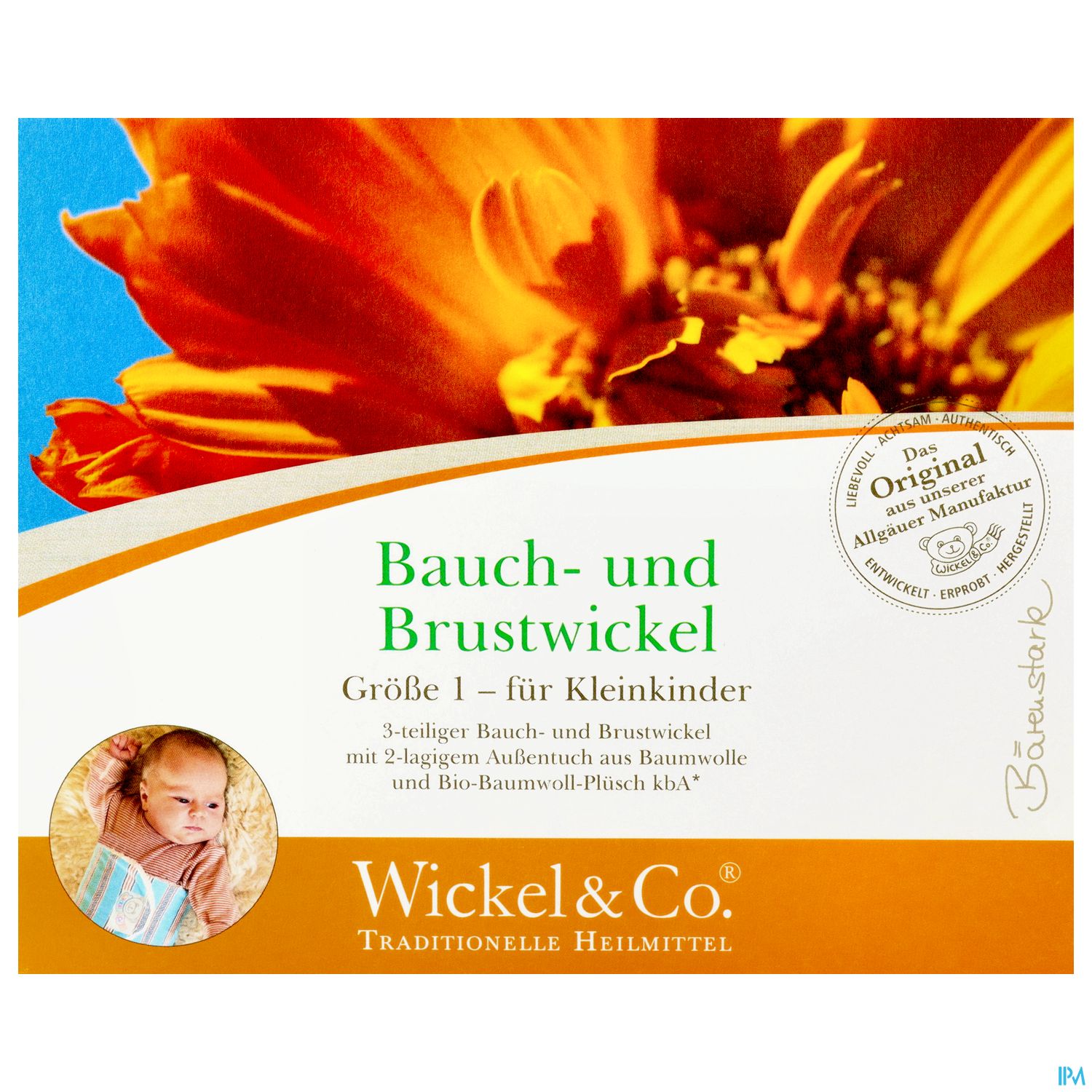 Verpackung eines Bauch- und Brustwickels für Kleinkinder in Größe I von Wickel & Co, mit Hinweisen zu Material und Anwendung.