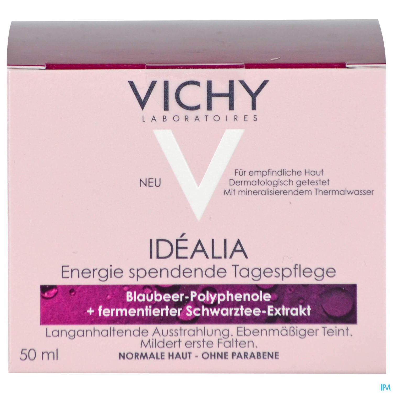 Vichy Idéalia Energie spendende Tagespflege, blaues Verpackungsdesign mit Hinweisen zu Inhaltsstoffen und Anwendungshinweisen.