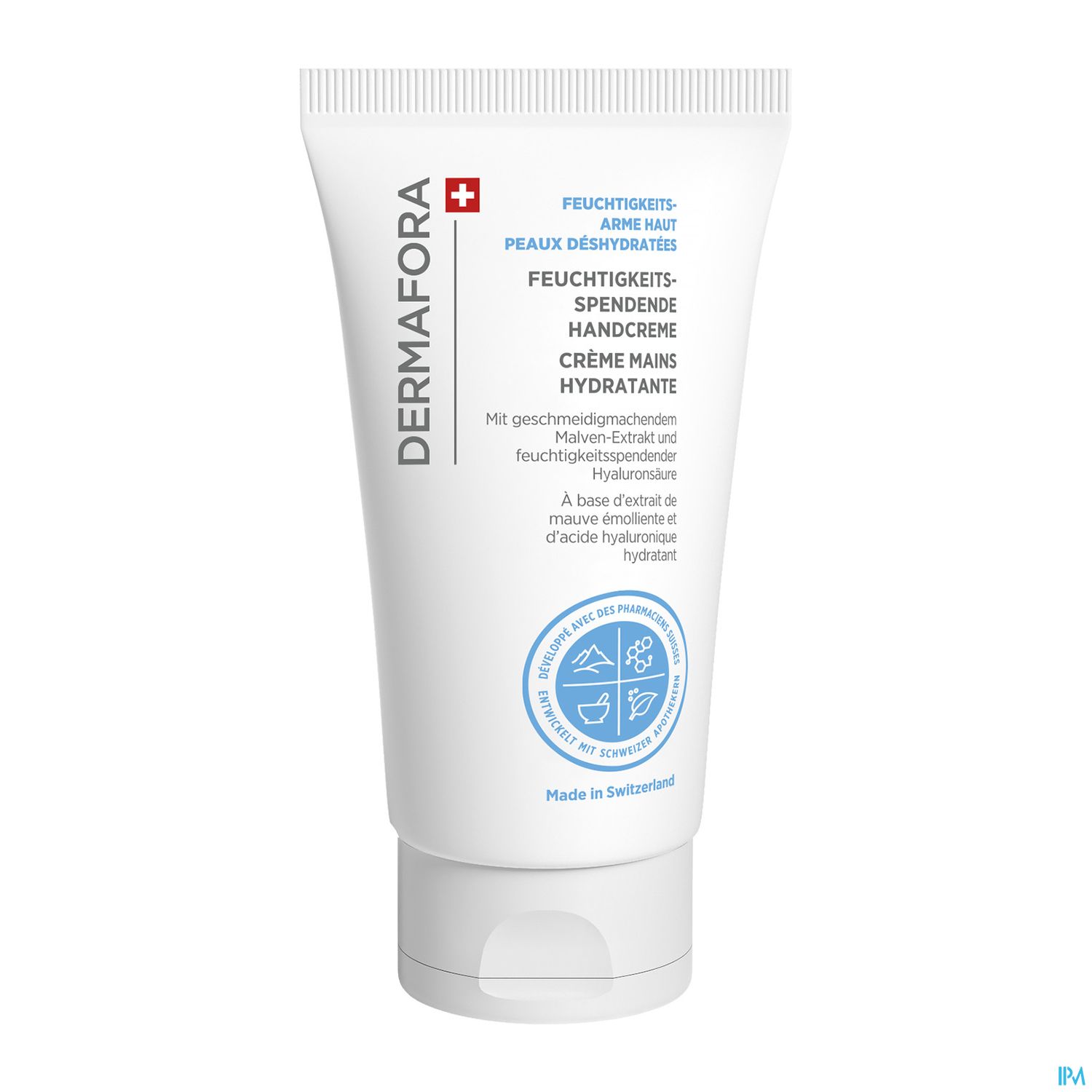 Tube mit feuchtigkeitsspendender Handcreme von Dermafora, in deutscher Sprache beschriftet.