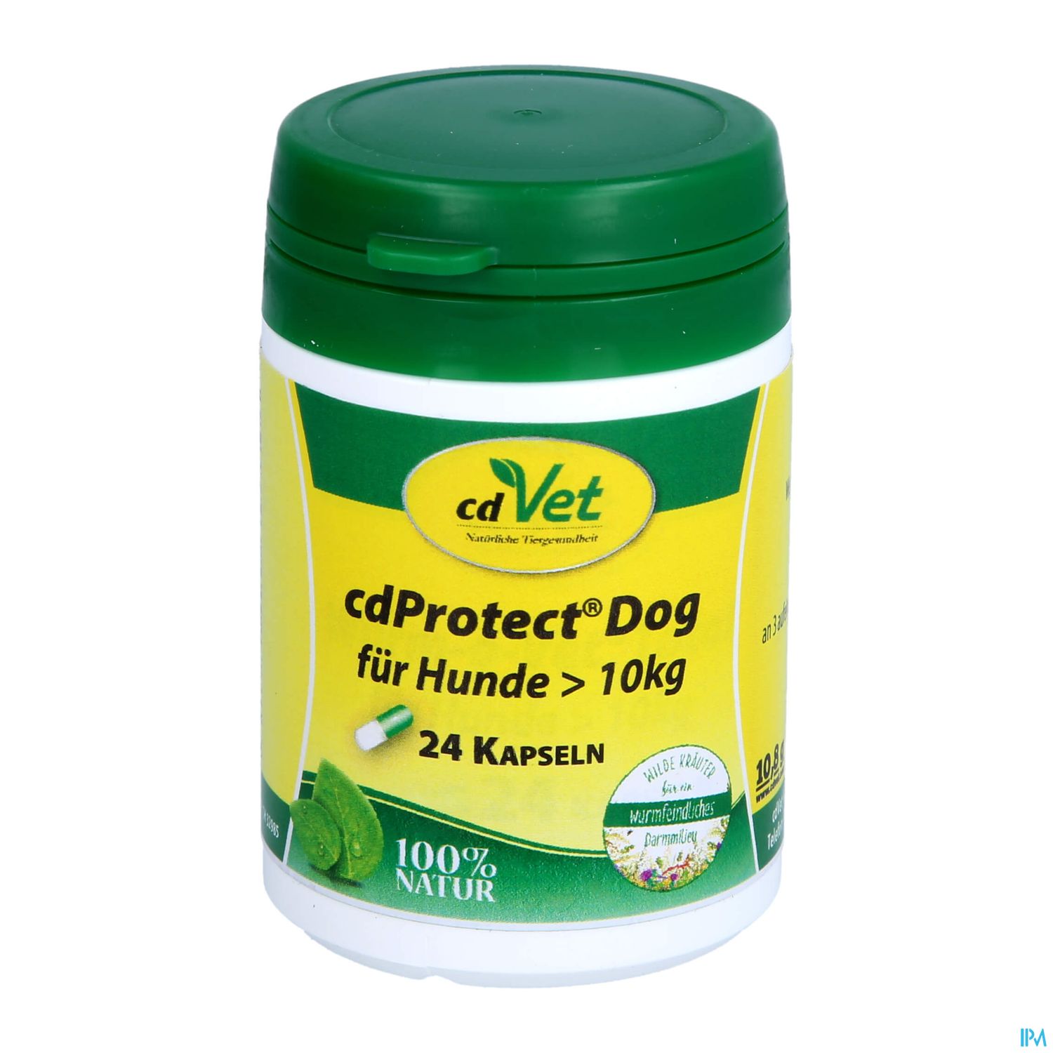 Behälter für cdProtect® Dog Kapseln für Hunde über 10 kg, 24 Stück, mit grüner Kappe und gelbem Etikett.