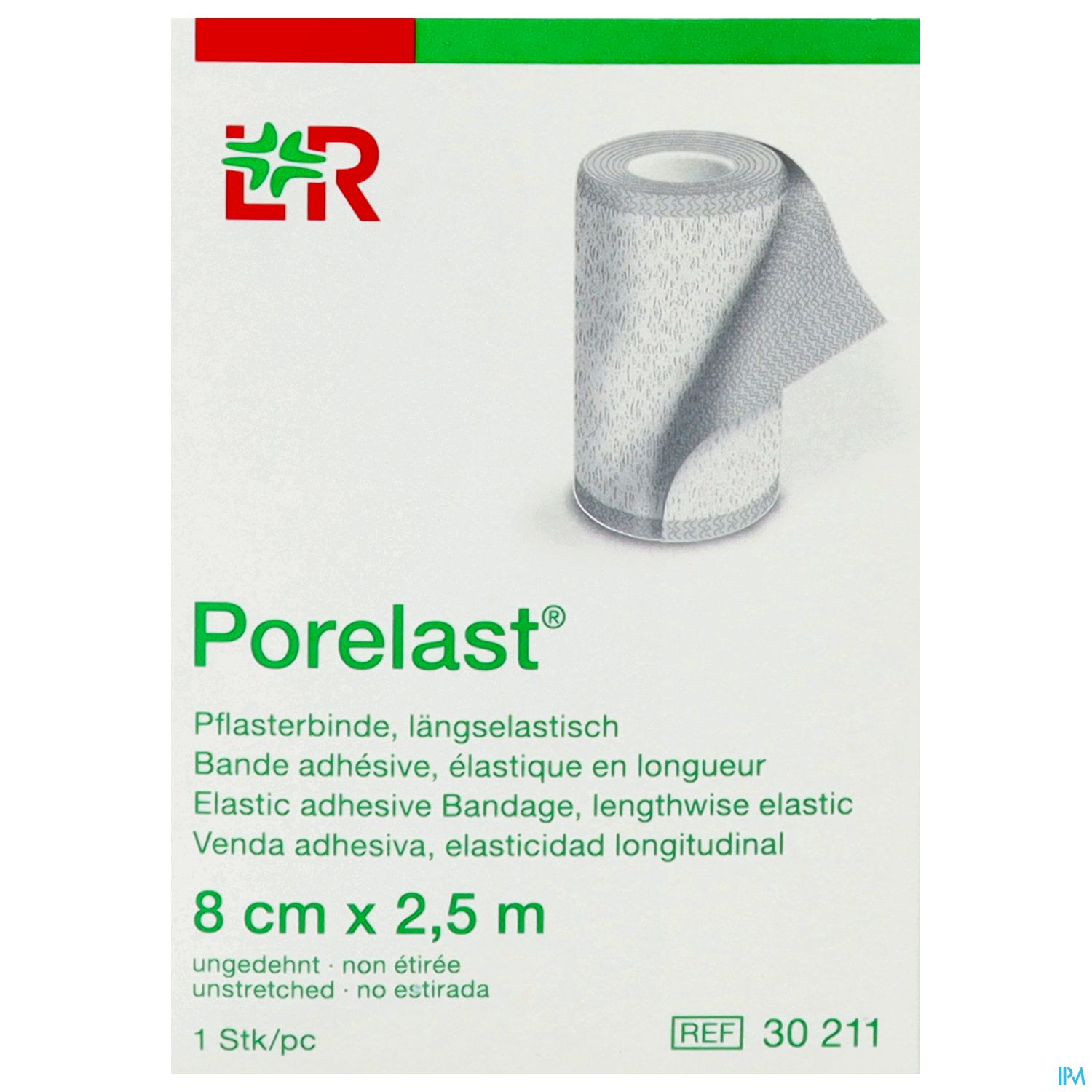 Verpackung einer elastischen Pflasterbinde Porelast, 8 cm x 2,5 m, mit mehrsprachiger Beschreibung und Referenznummer.