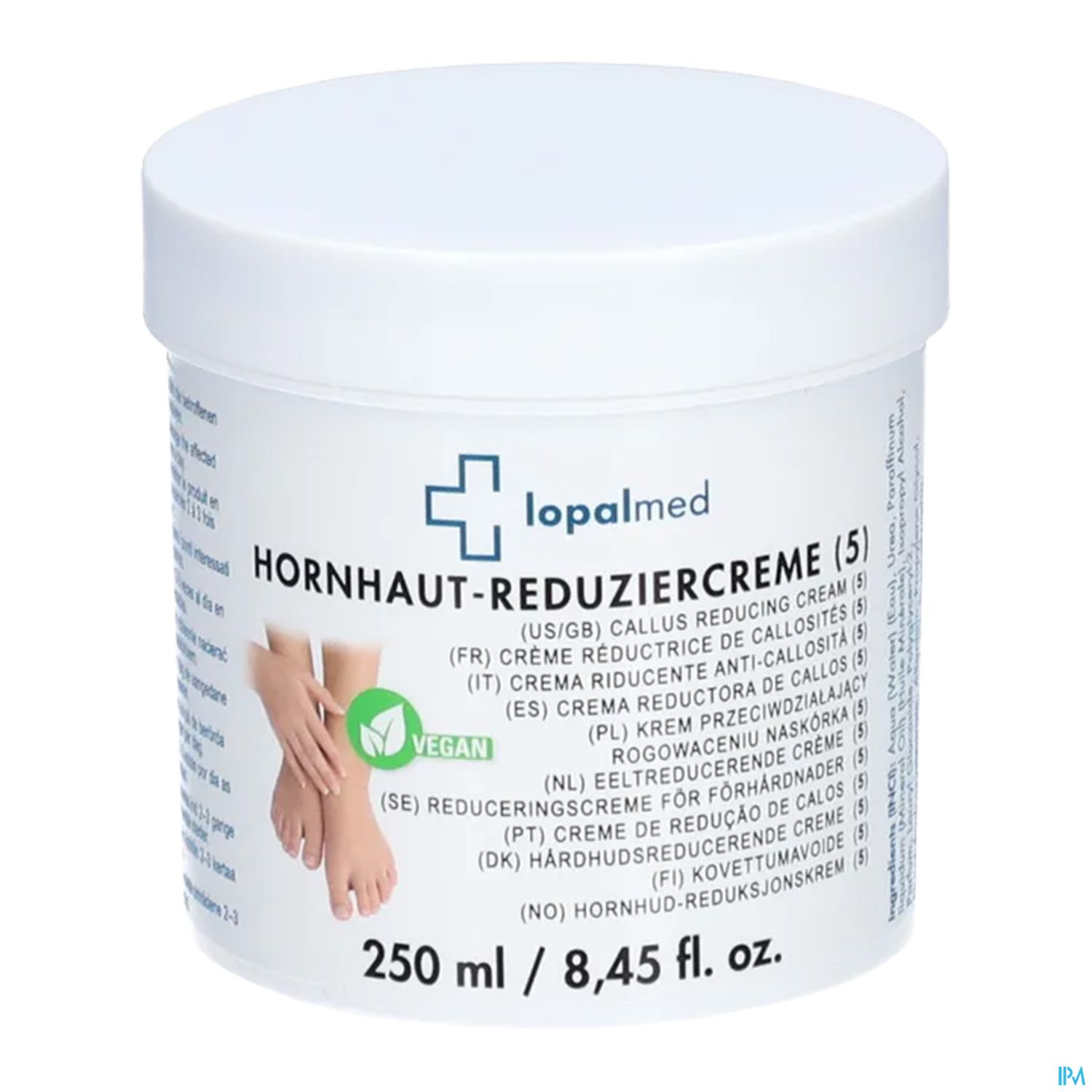 Dose mit Hornhautreduziercreme von Lopalmed, 250 ml, mit mehrsprachiger Beschriftung und Vegan-Logo.