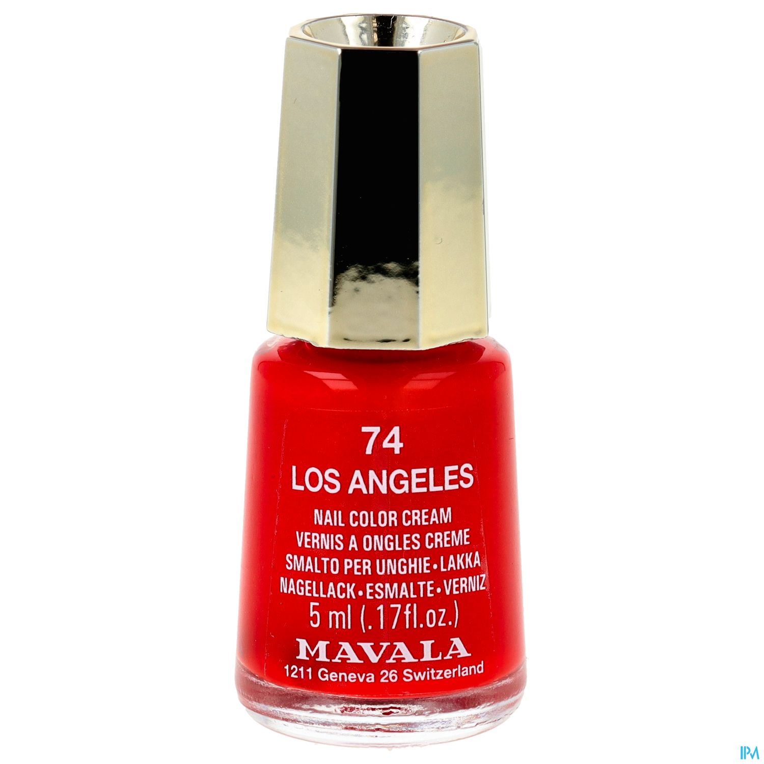 Nagellack-Fläschchen in leuchtendem Rot mit goldfarbenem Deckel, beschriftet mit "74 LOS ANGELES" und "MAVALA".