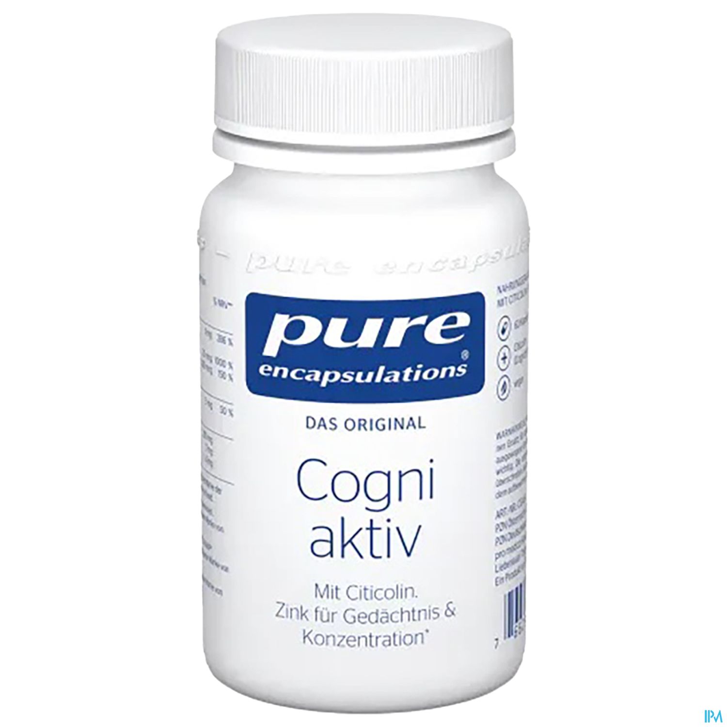Weiße Flasche mit blauem Etikett, die das Produkt "Cogni aktiv" von Pure Encapsulations enthält, mit Informationen zu Inhaltsstoffen und Anwendung.