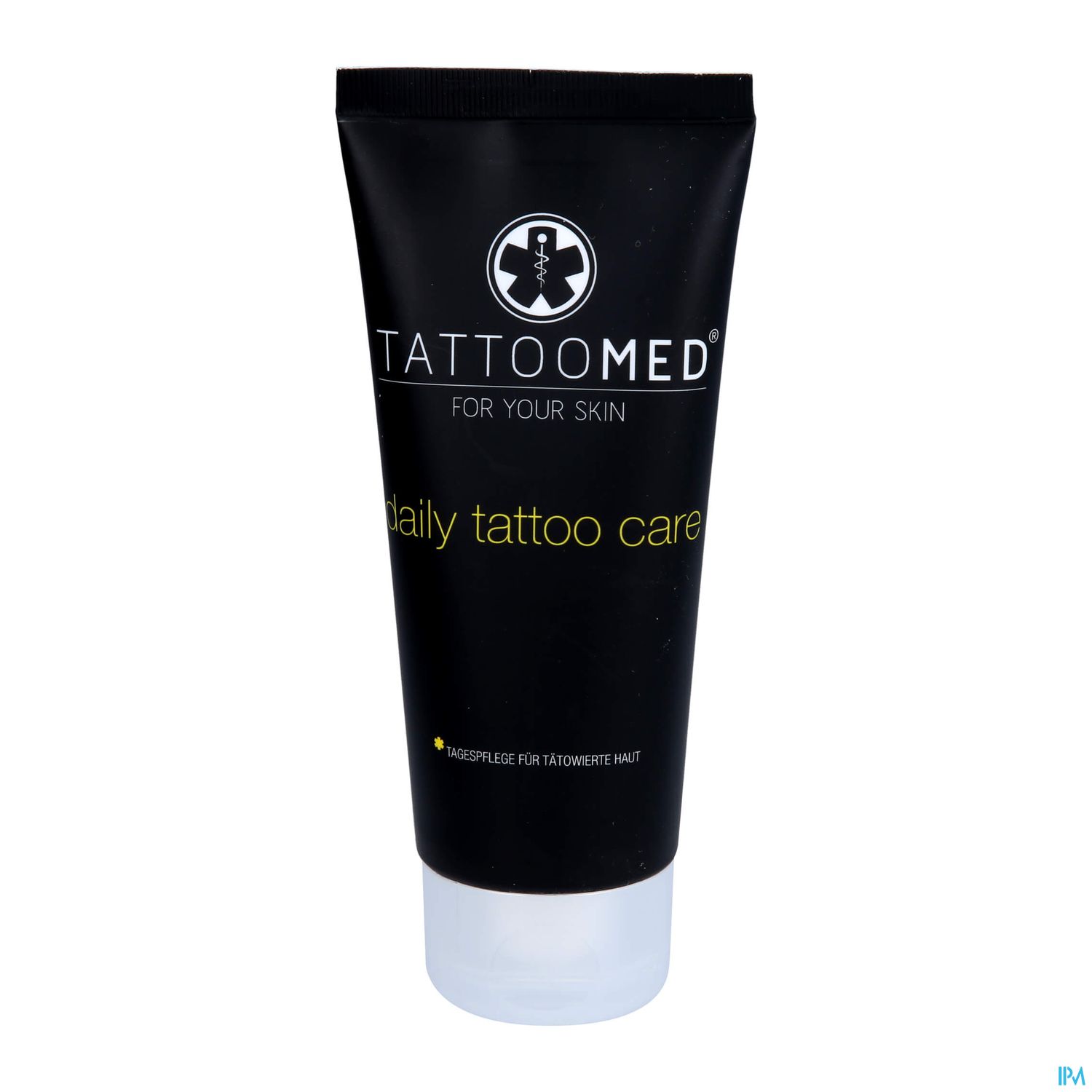 Schwarze Tube mit der Aufschrift "TATTOOMED daily tattoo care" für die Pflege von tätowierter Haut.