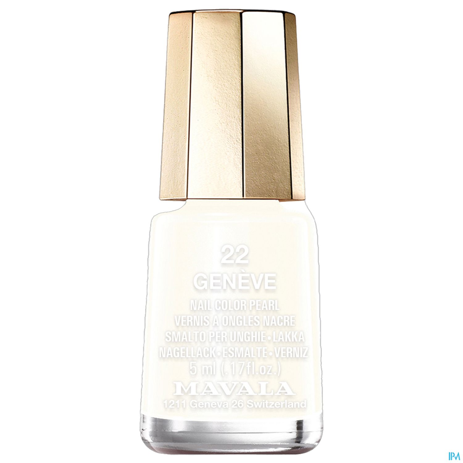 Nagellackfläschchen mit der Aufschrift "22 GENEVE" von Mavala, in perlmuttschimmerndem Weiß mit goldenem Deckel.