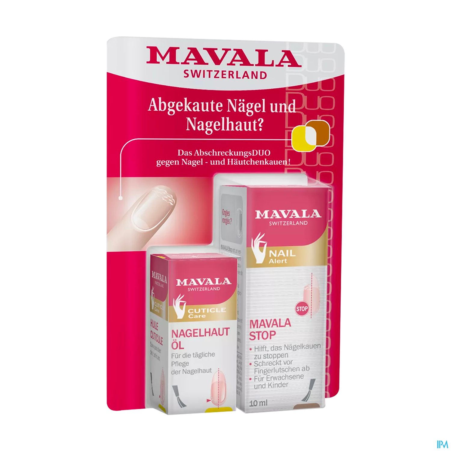 Verpackung mit Mavala-Produkten gegen abgekaute Nägel und Nagelhaut, inklusive Nagel-Öl und Mavala Stop.