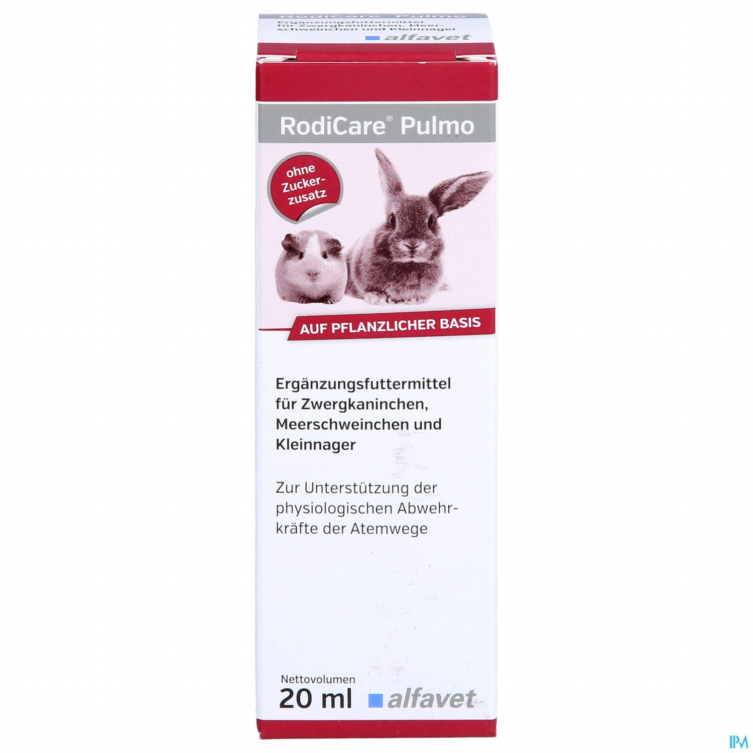 Verpackung des Ergänzungsfuttermittels RodiCare Pulmo für Kleintiere, 20 ml, mit Hinweis auf pflanzliche Basis und Zuckerfreiheit.