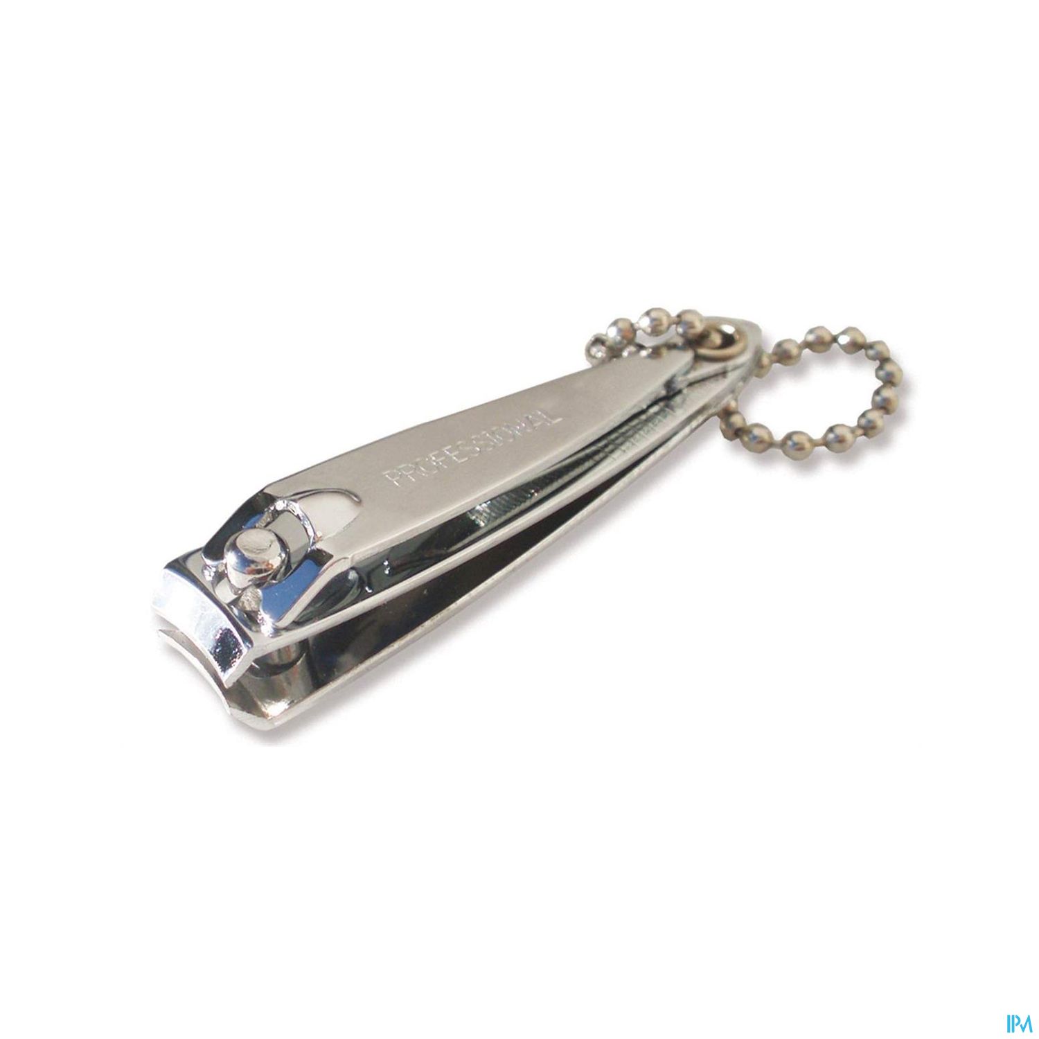 Nagelschneider mit Kettenanhänger, aus glänzendem Metall.