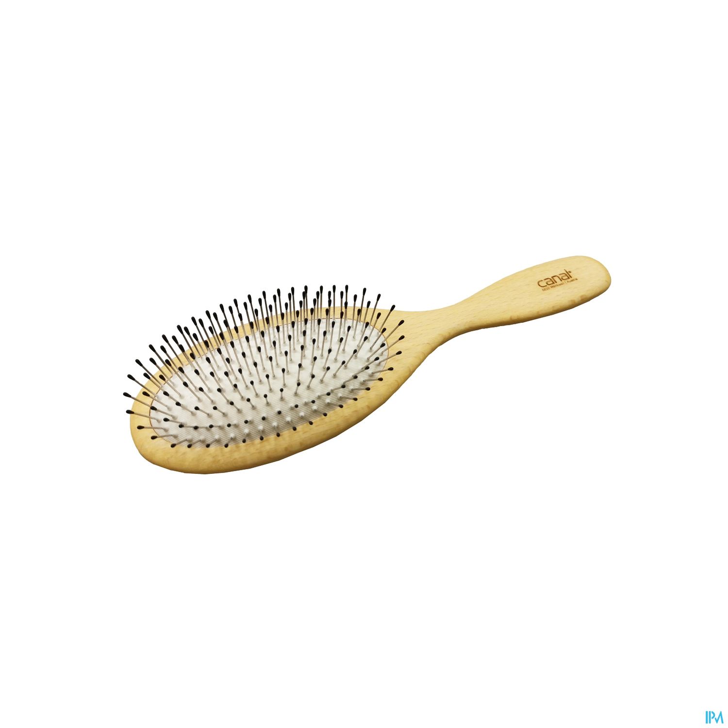 Eine Holz-Haarbürste mit dünnen Metallborsten.