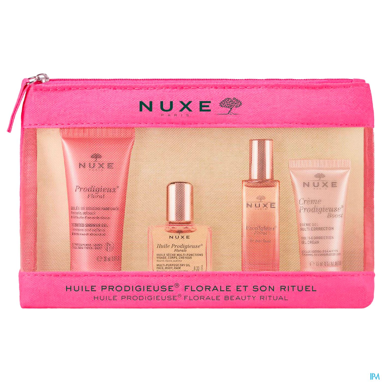 Kosmetikset von NUXE in durchsichtiger Tasche, bestehend aus drei Fläschchen und einer Tube mit verschiedenen Pflegeprodukten.