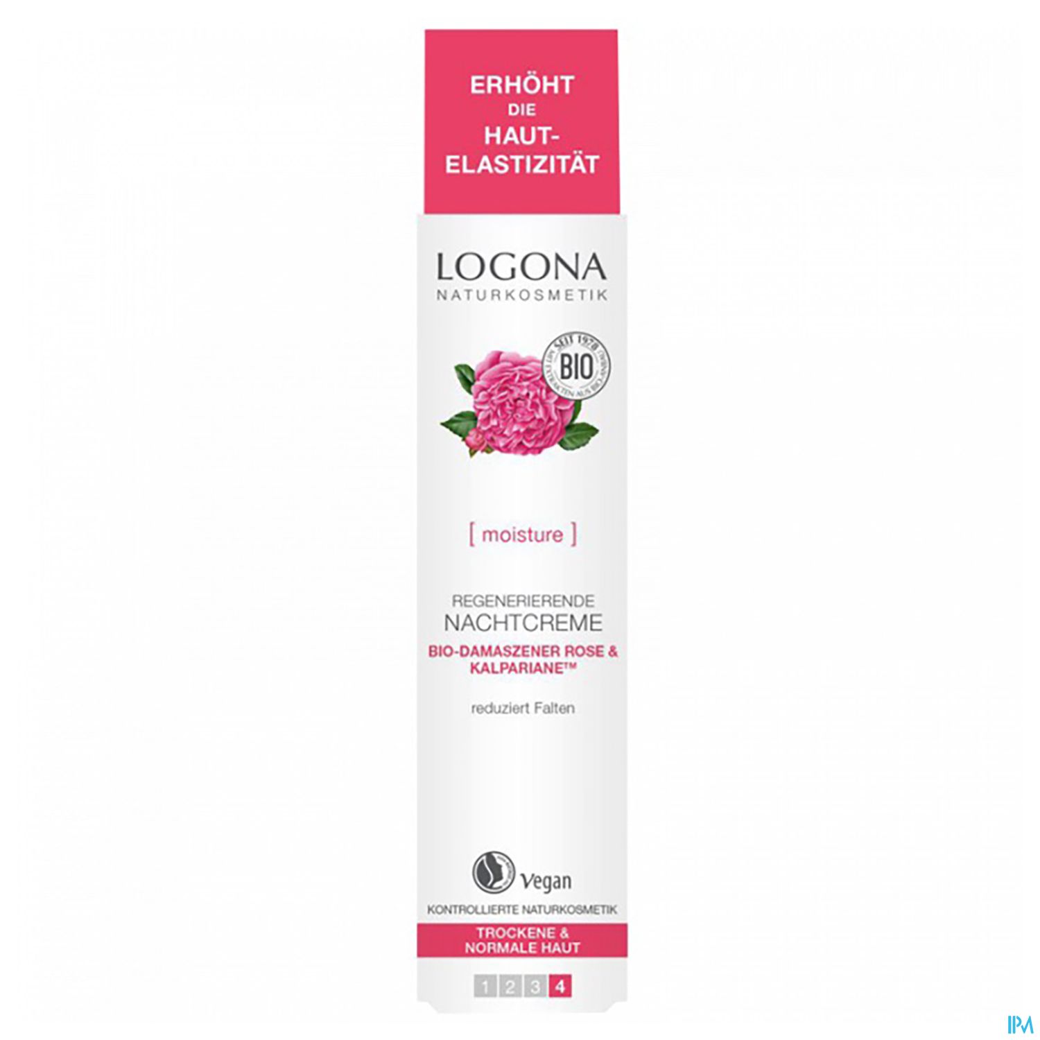 Verpackung der Logona regenerierenden Nachtcreme mit bio-damastischer Rose und Kalparienne, betont die Reduzierung von Falten und die Erhöhung der Hautelastizität.