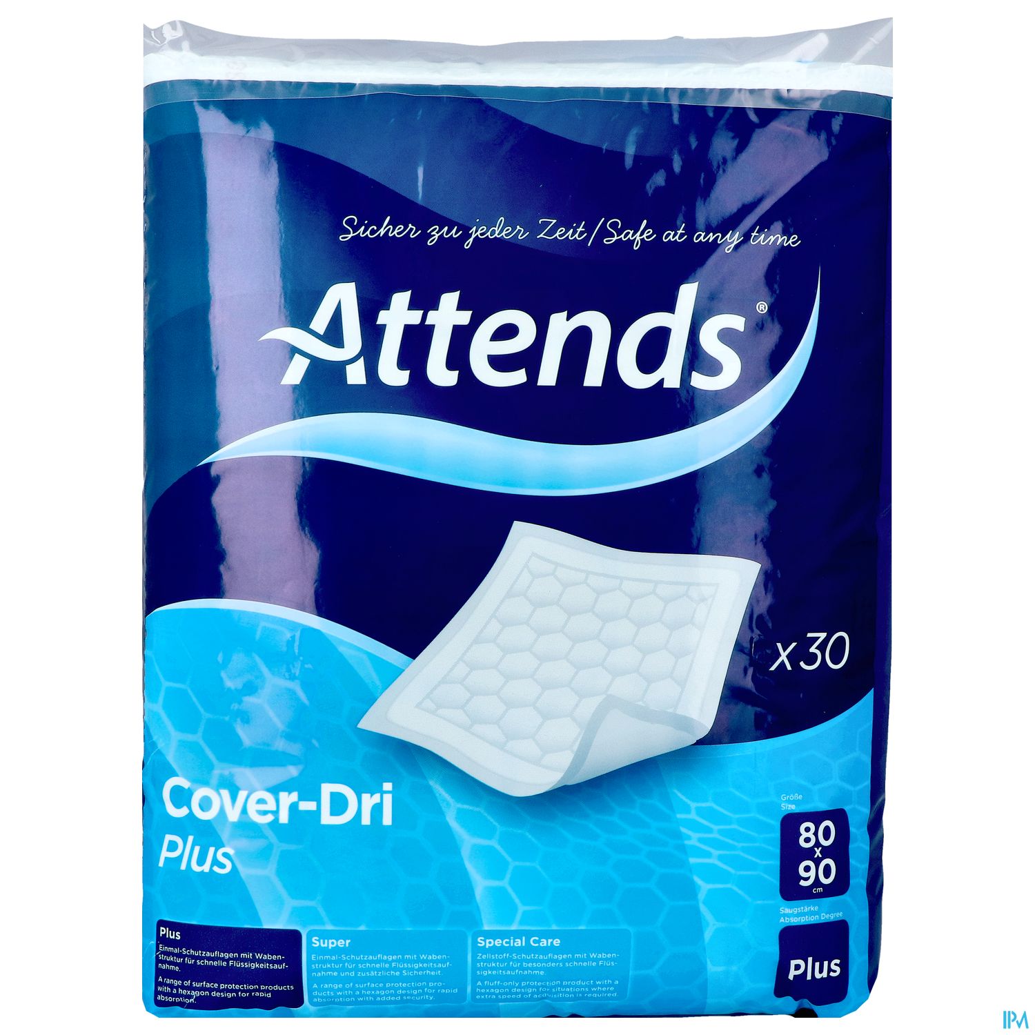 Verpackung von Attends Cover-Dri Plus mit 30 Stück, Produktbeschreibung und Gewichtsangabe.