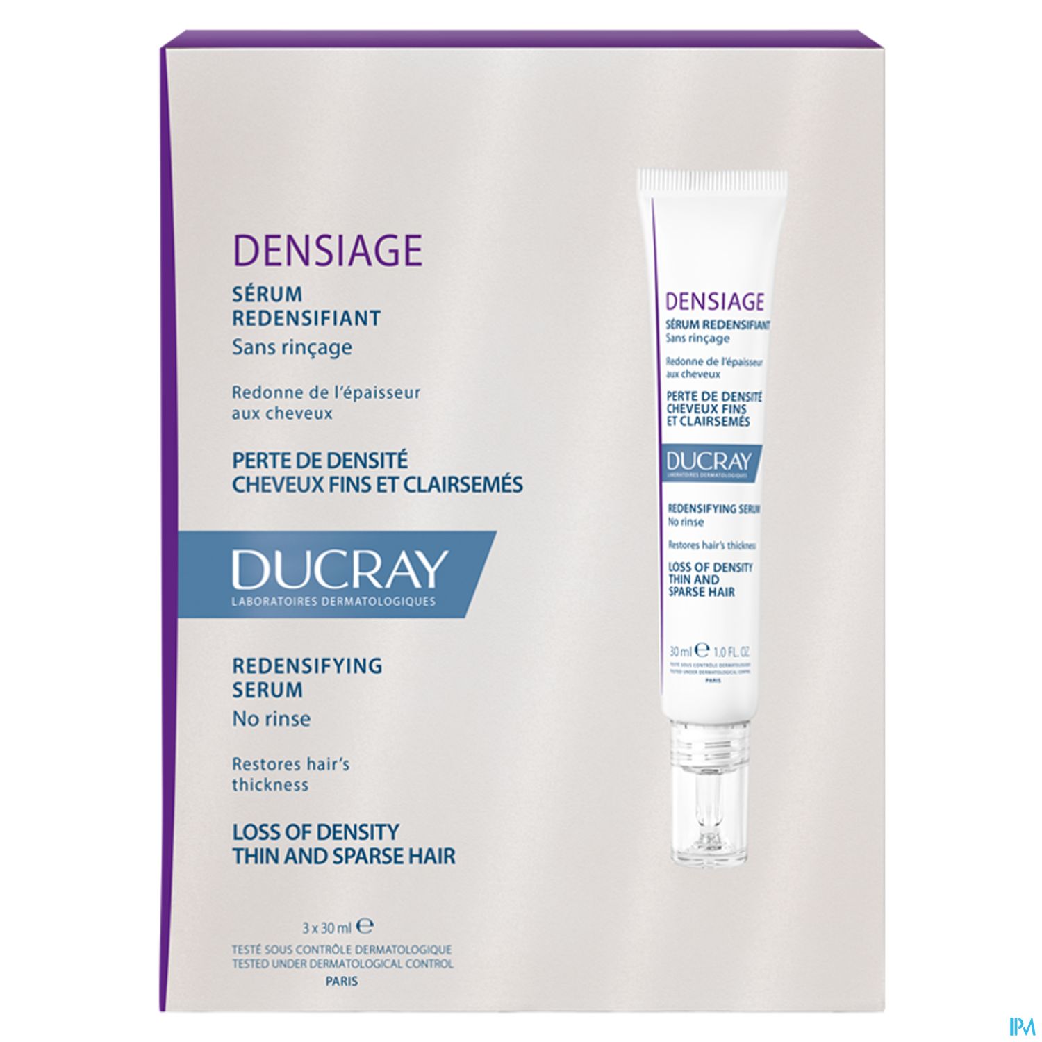 Produktverpackung für Densiaje Serum Redensifiant von Ducray, inklusive Angaben zu Haarverdichtung und Anwendungshinweisen.
