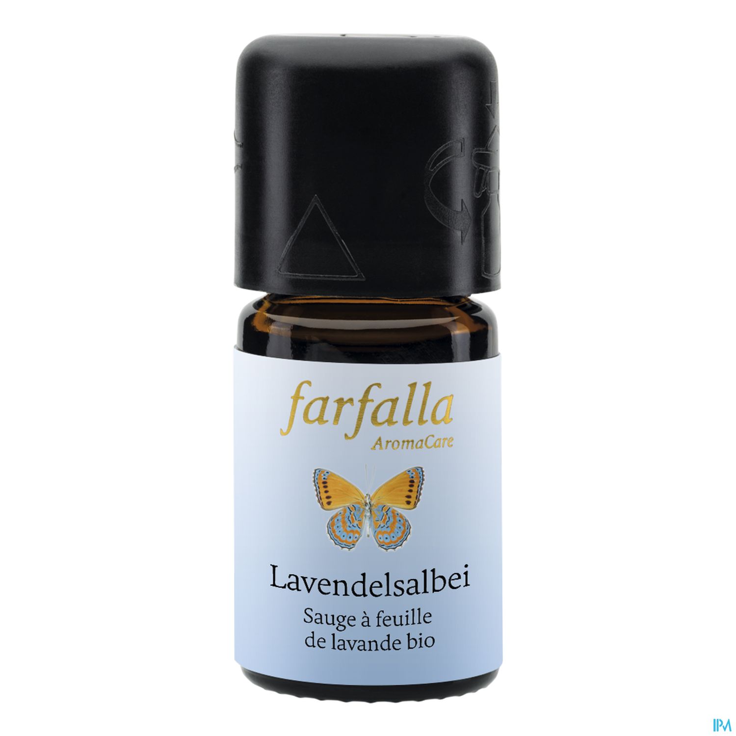 Flasche mit ätherischem Öl von Lavendelsalbei, etikettiert mit "farfalla AromaCare".