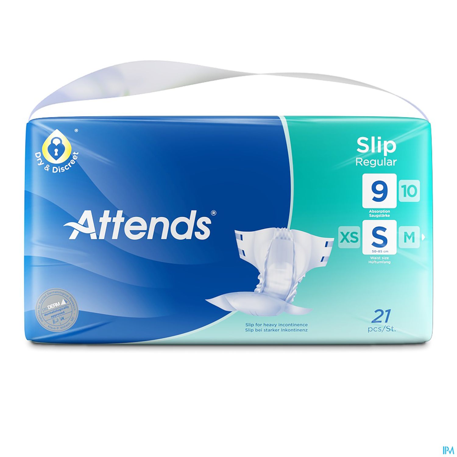 Packung mit Attends Slip Regular für schwere Inkontinenz, enthält 21 Stück der Größe S/M.