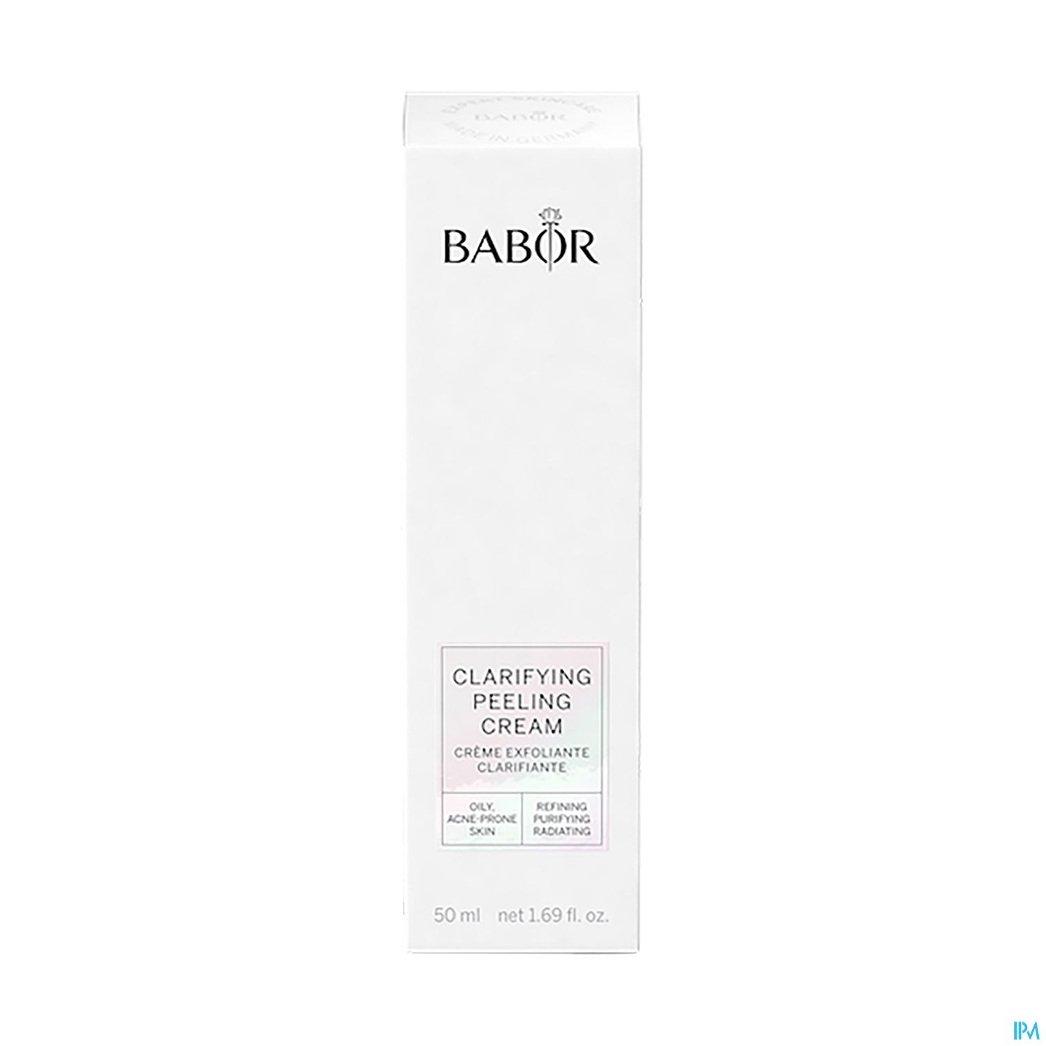 Weißer Karton mit Produktbeschreibung für BABOR Clarifying Peeling Cream, 50 ml.