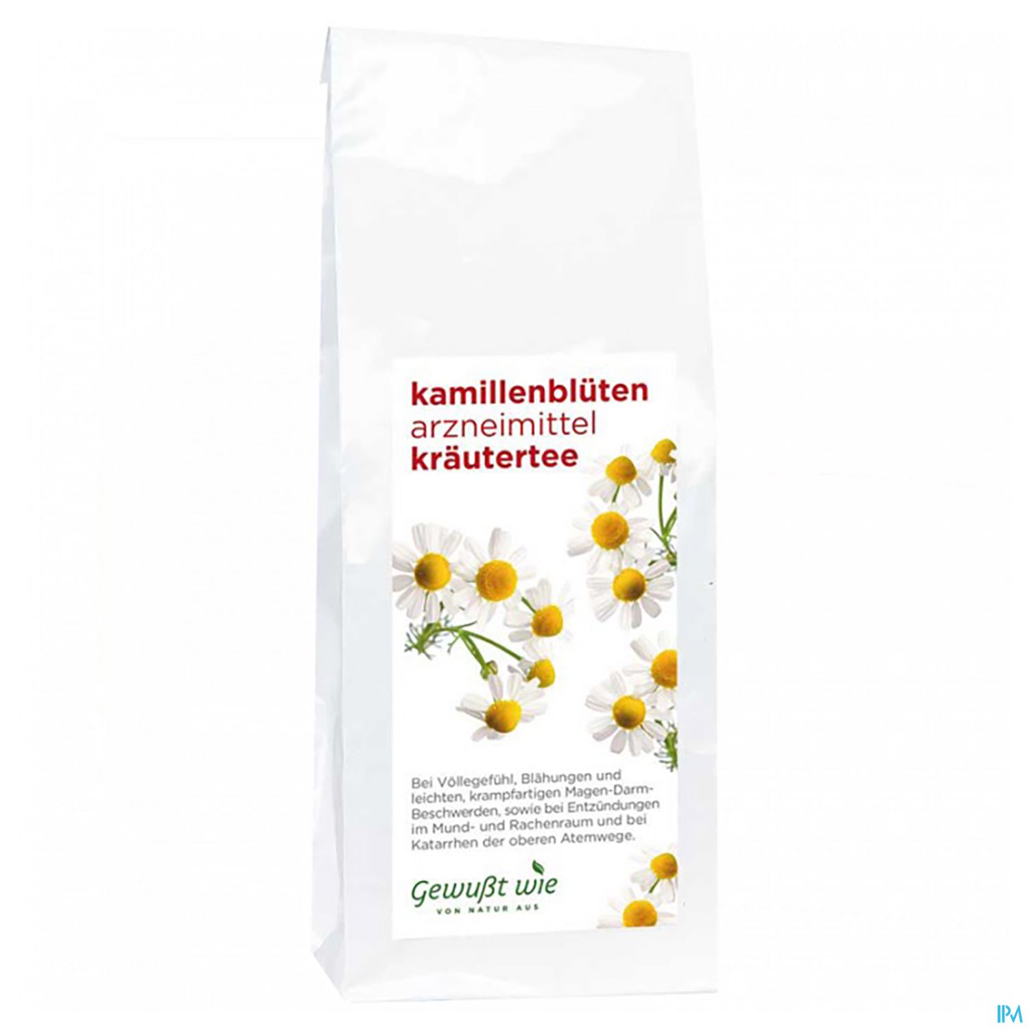 Verpackung für Kamillenblüten Kräutertee mit gelben Blütenmotiven und Beschreibung des Produkts.