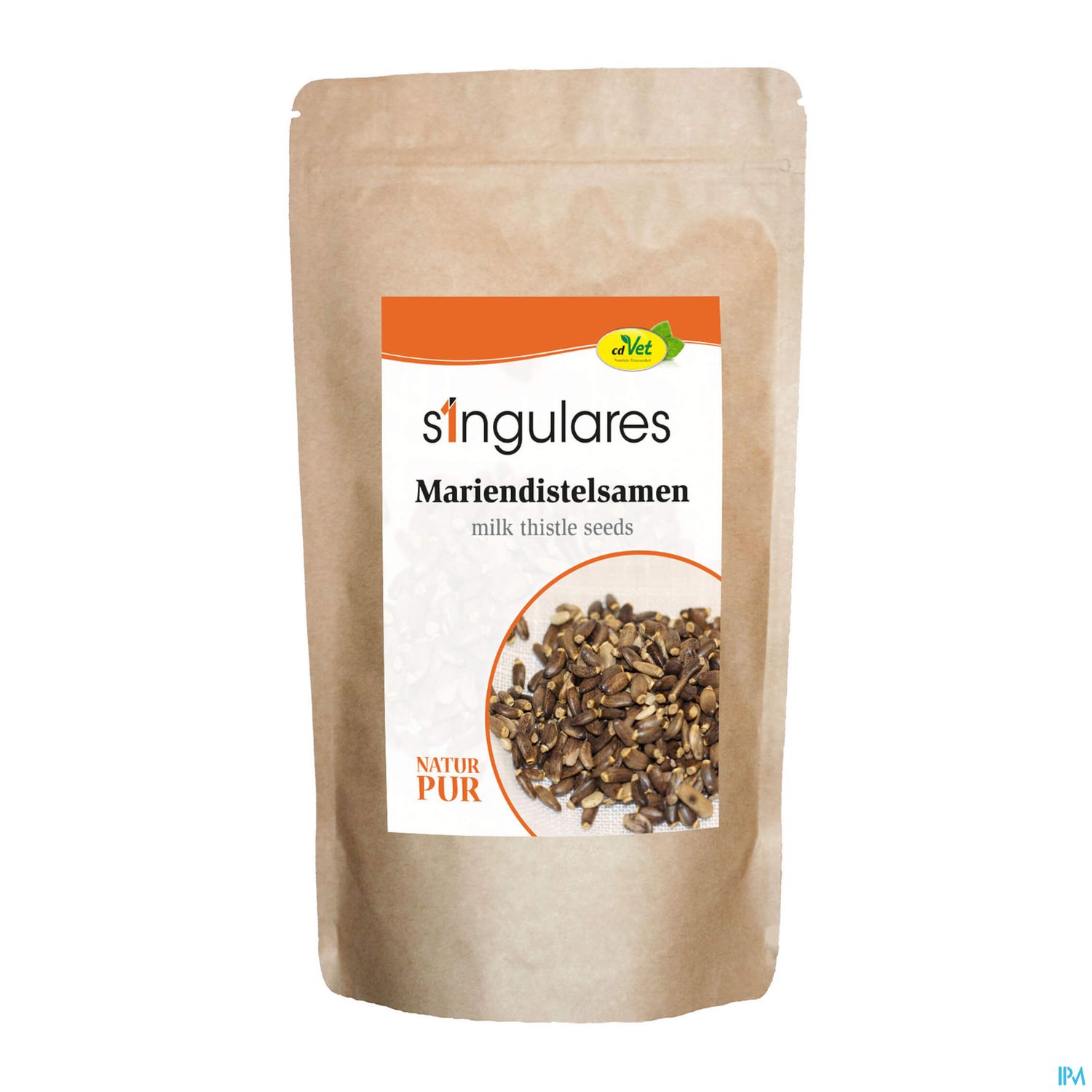 Beutel mit Mariendistelsamen, beschriftet mit "Natur Pur" und "Milk Thistle Seeds".