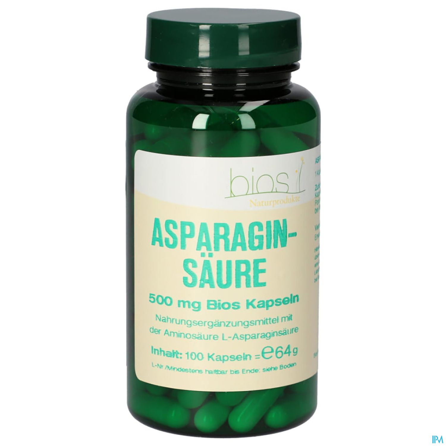 Grüne Kapsel-Flasche mit der Aufschrift "ASPARAGIN-SÄURE 500 mg" und Angaben zu Inhalt und Hersteller.