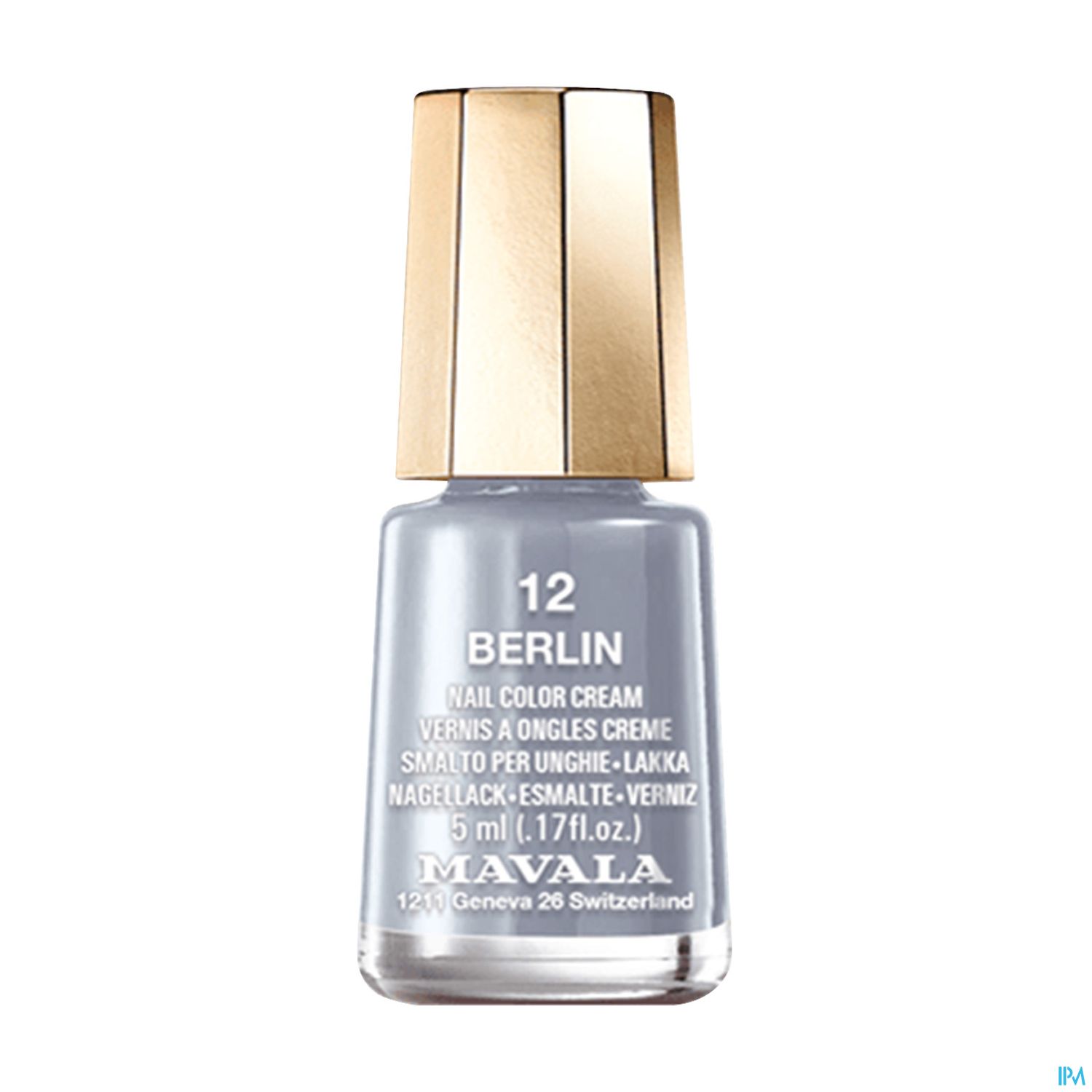 Nagellackflasche in grau mit goldfarbenem Deckel, beschriftet mit "12 BERLIN" und "MAVALA".