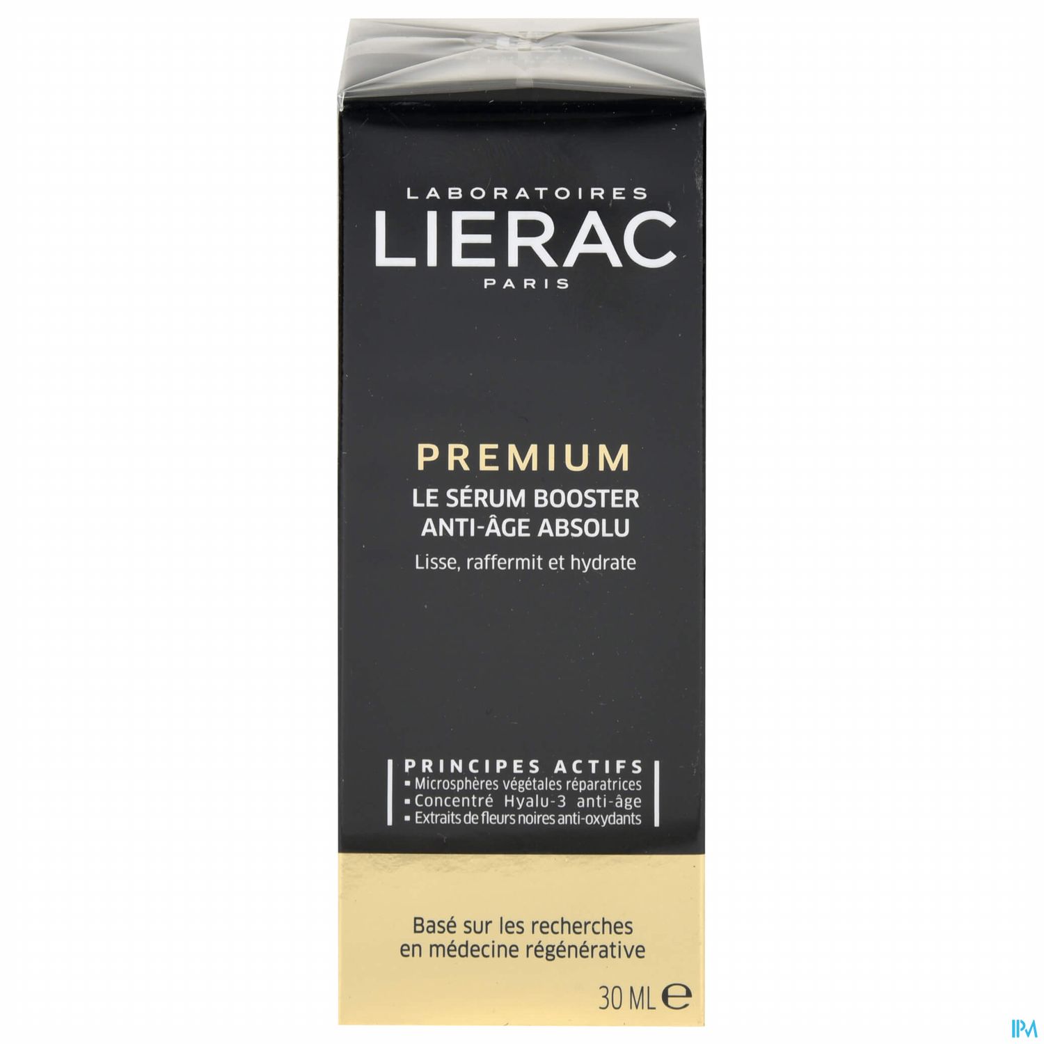 Schachtel mit "Lierac Premium Le Sérum Booster Anti-âge Absolu", 30 ml, schwarze und goldene Verpackung.