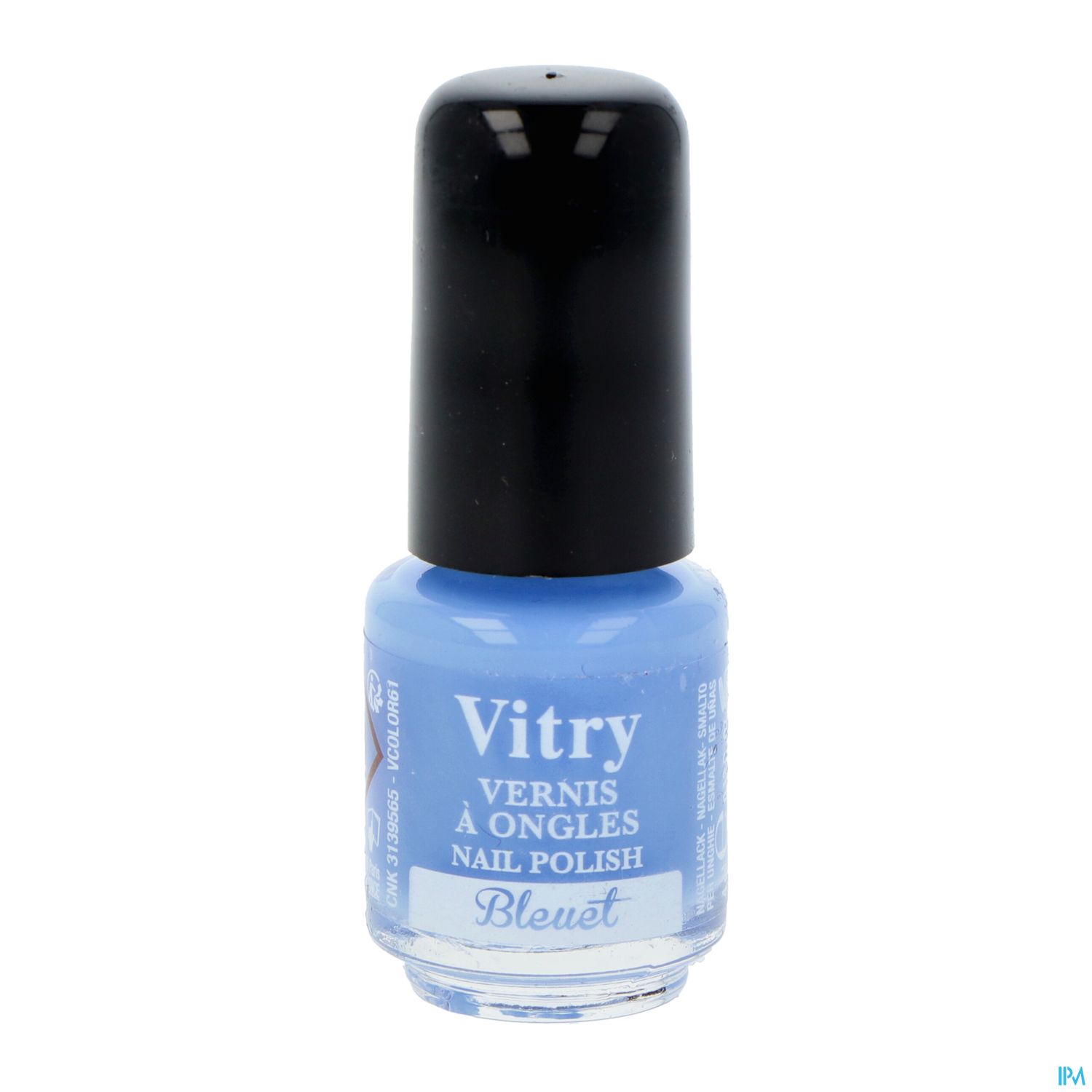 Blauer Nagellack in Flasche mit schwarzem Deckel, Etikett mit der Aufschrift "Vitry Vernis à Ongles Nail Polish Bleuet".