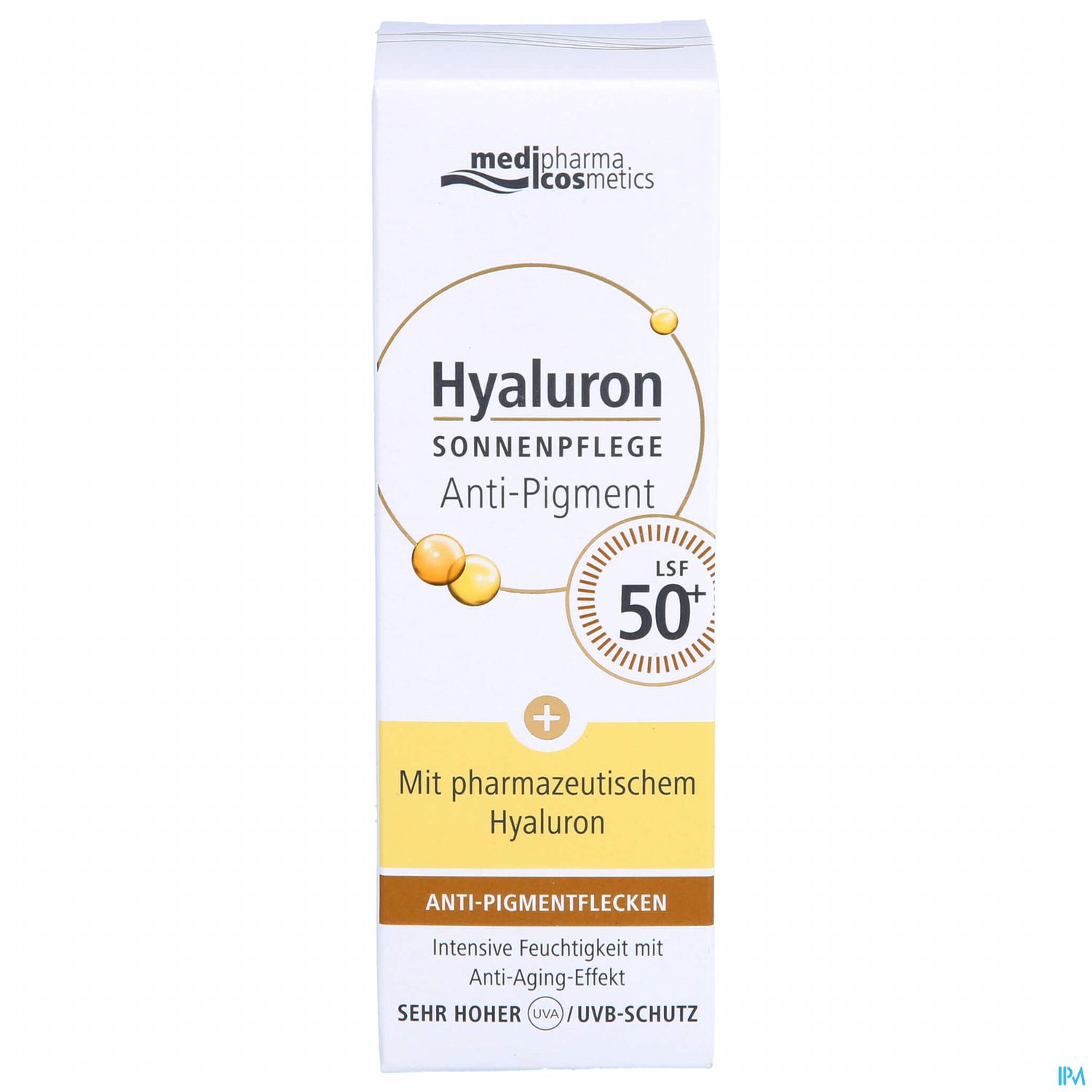 Verpackung von medipharma cosmetics Hyaluron Sonnenpflege, LSF 50+, gegen Pigmentflecken, mit pharmazeutischem Hyaluron.