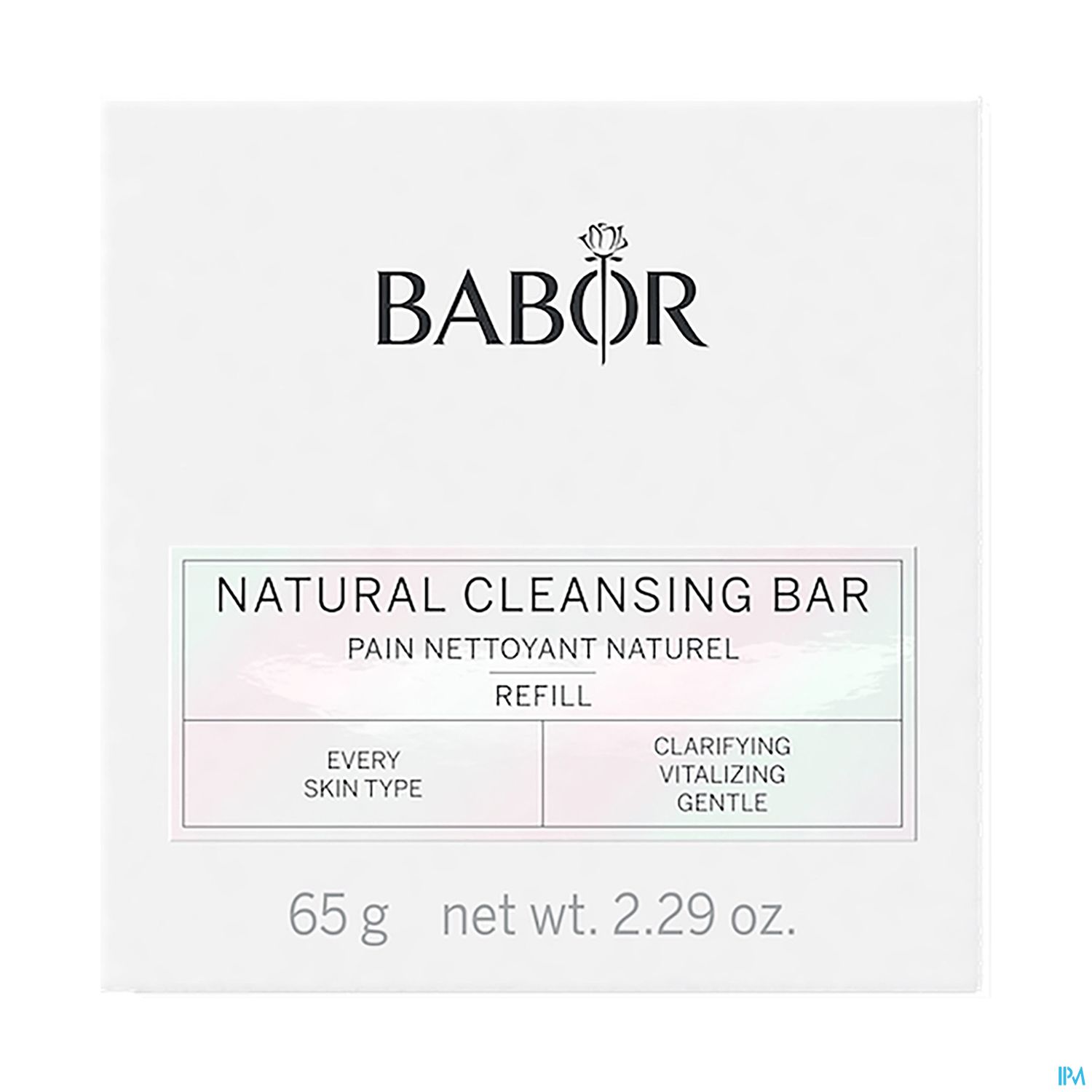Verpackung eines BABOR Naturreinigungspulvers in einer weißen Box mit Aufschrift "Natural Cleansing Bar" und Informationen zu Produktinhalt und Anwendungsbereichen.