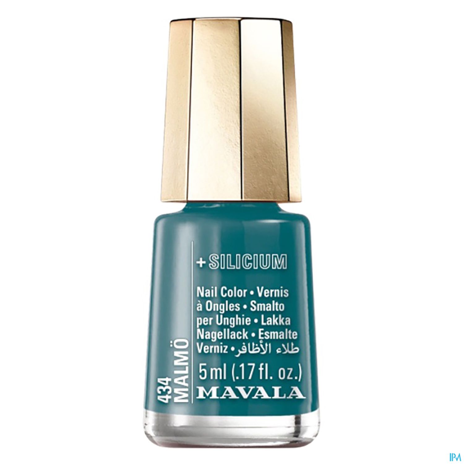 Nagellackflasche in teal mit goldenem Deckel, beschriftet mit "Malmö 434" und "+Silicium".