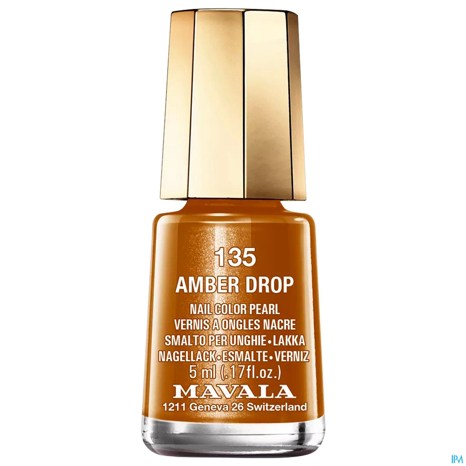 Braun-orangefarbener Nagellack in einem klaren Fläschchen mit goldfarbenem Deckel, beschriftet mit "135 AMBER DROP" und "MAVALA".