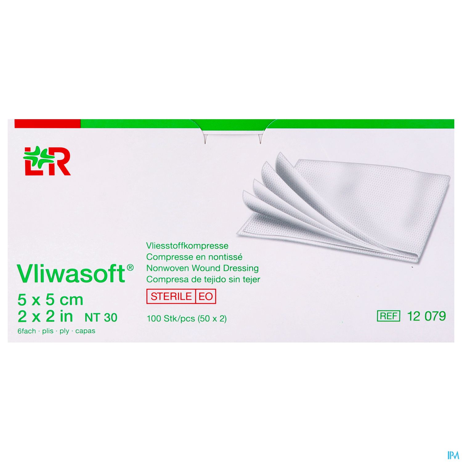 Verpackung von Vliwasoft Wundkompressen, 5 x 5 cm, enthält 100 sterile Kompressen.