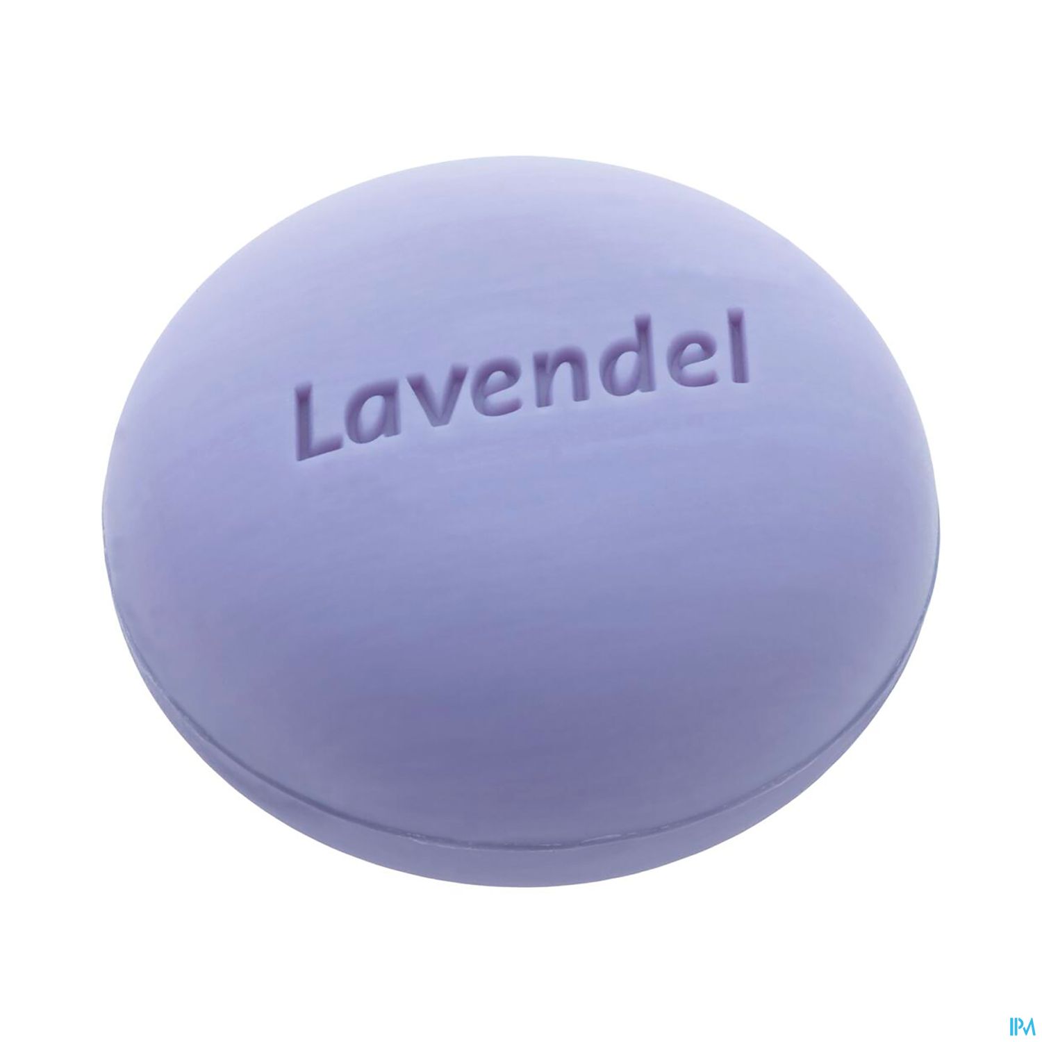 Runde, lila Seife mit der eingearbeiteten Aufschrift "Lavendel".