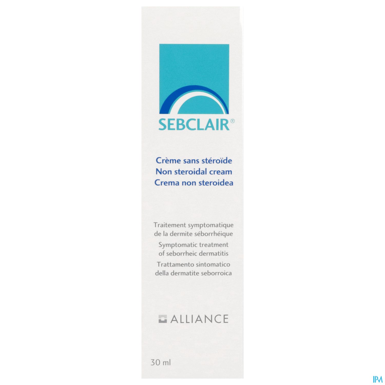 Weiße Verpackung mit blauer Schrift für Sebclair, eine nicht-steroidale Creme zur symptomatischen Behandlung der seborrhoischen Dermatitis, 30 ml.