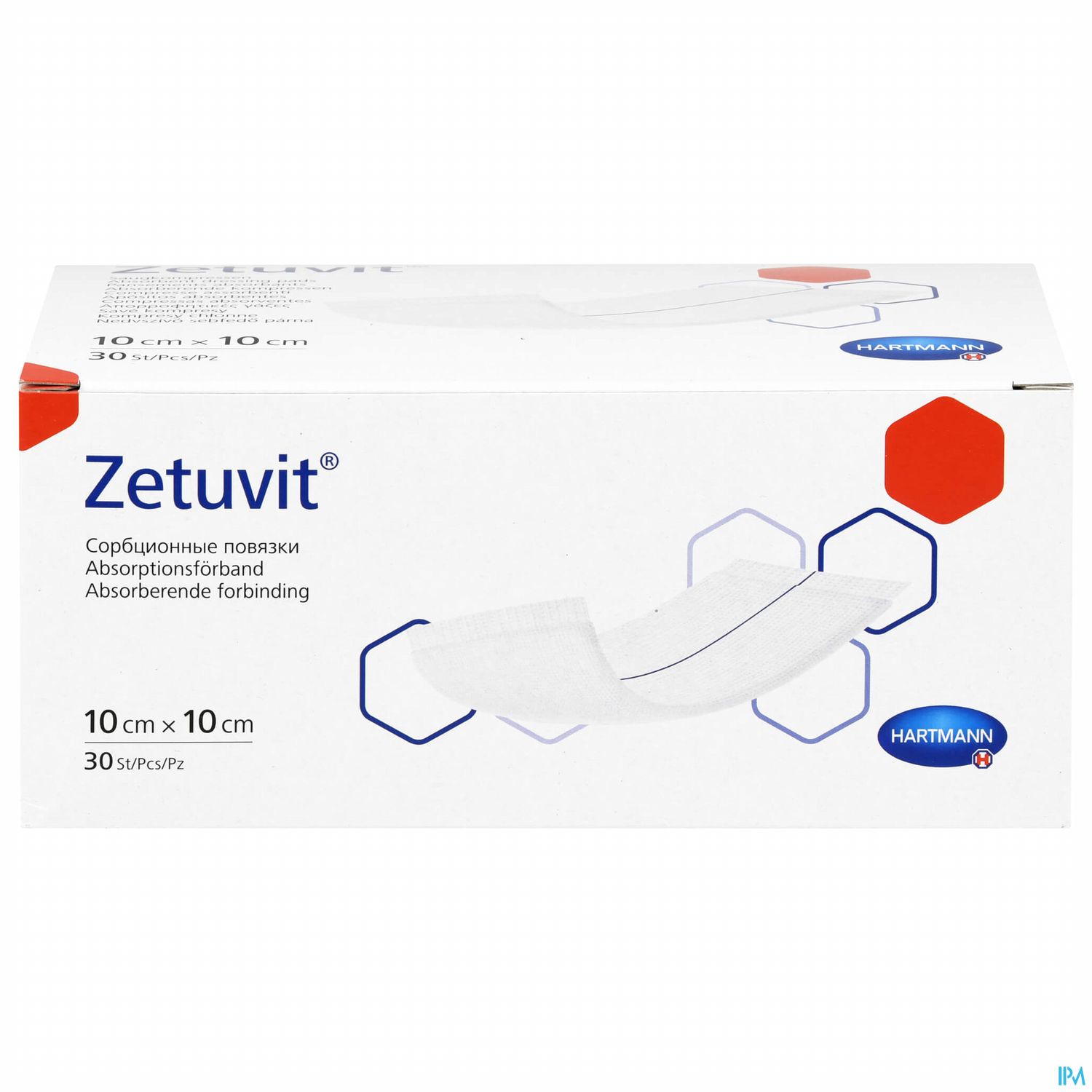 Packung mit ZetuVIT Absorptionsverband, 10 cm x 10 cm, 30 Stück.