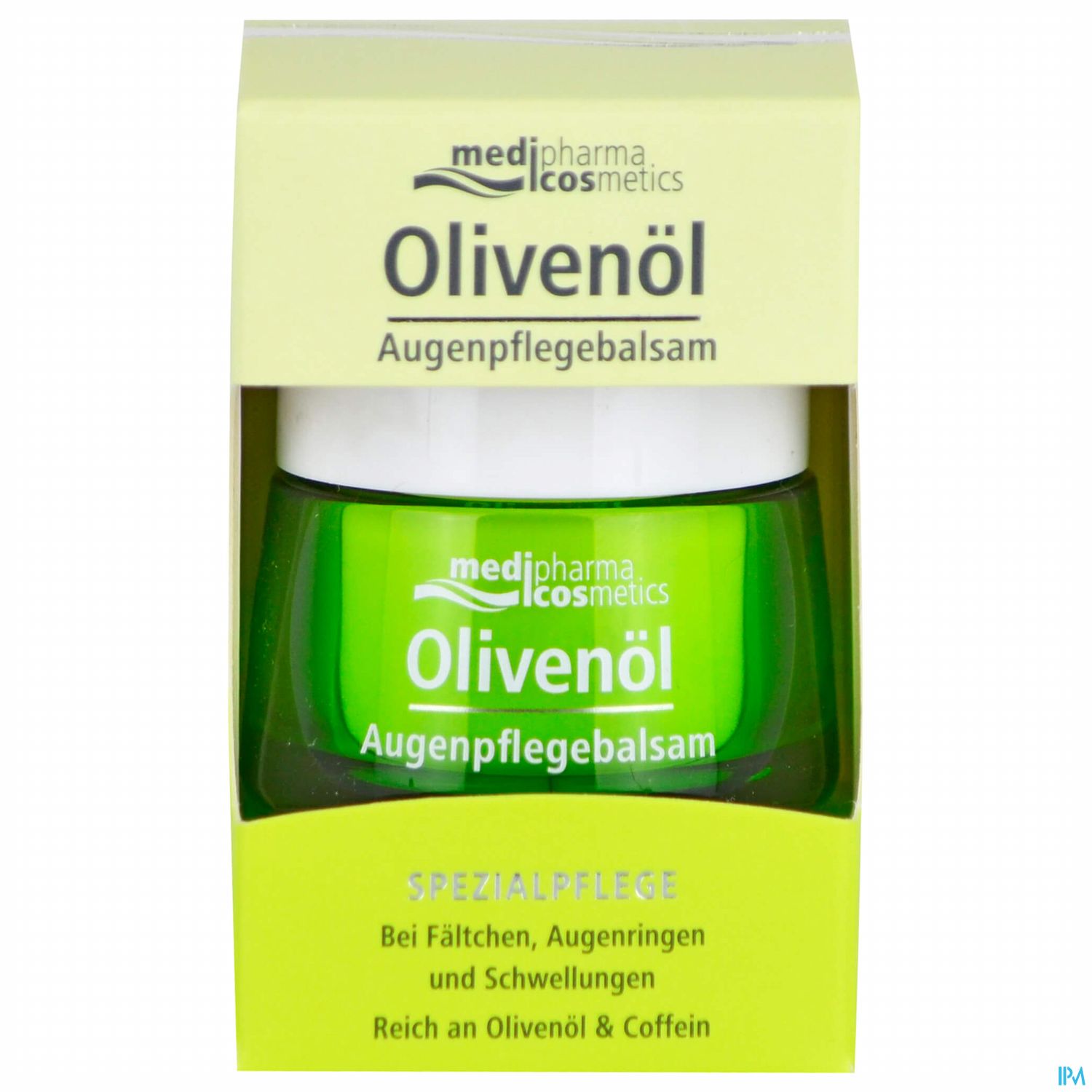 Grüner Jar mit Aufschrift "Olivenöl Augenpflegbalsam" in einer Verpackung, die die Anwendung gegen Fältchen und Augenringe bewirbt.
