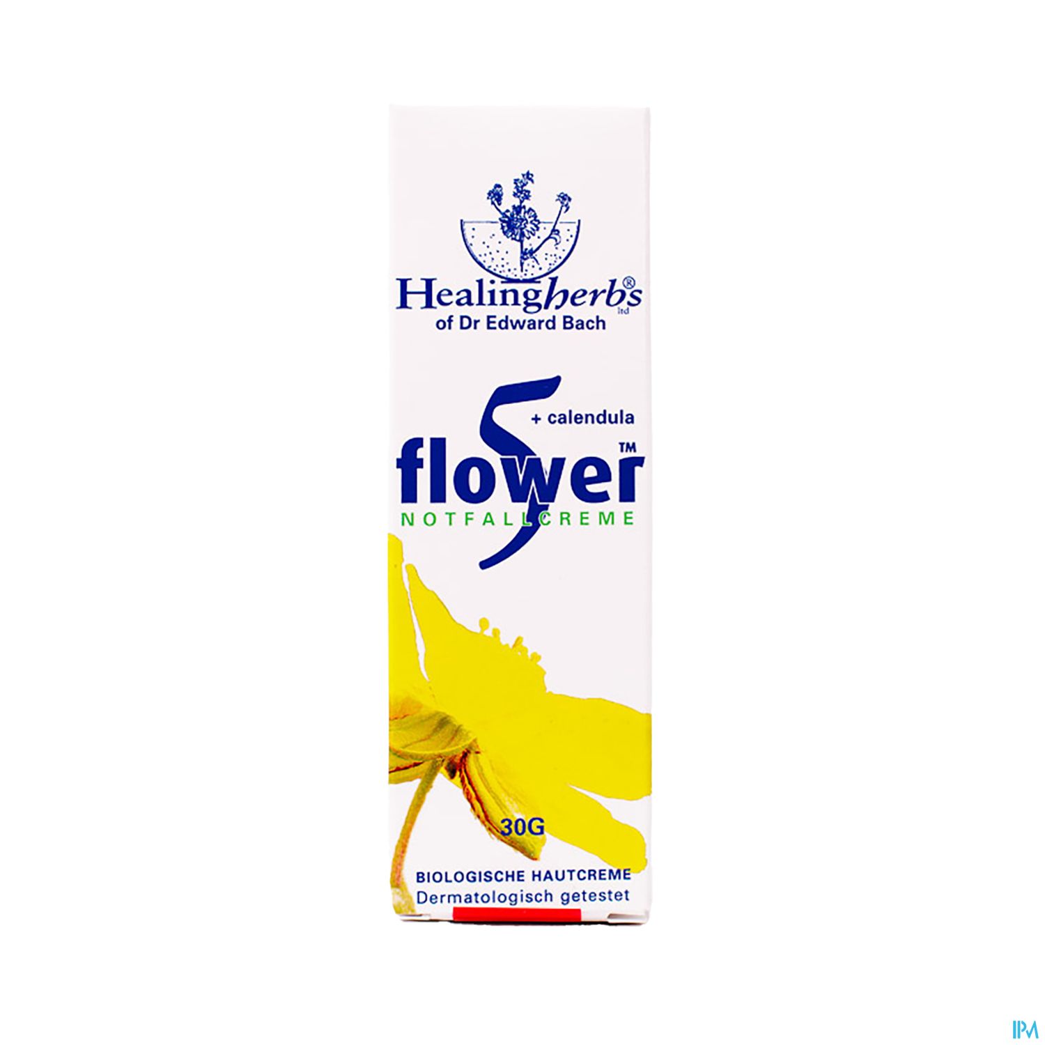 Produktverpackung der "5 flowers Notfallcreme" mit gelber Calendula-Blüte und Informationen zu Inhaltsstoffen und Anwendung.