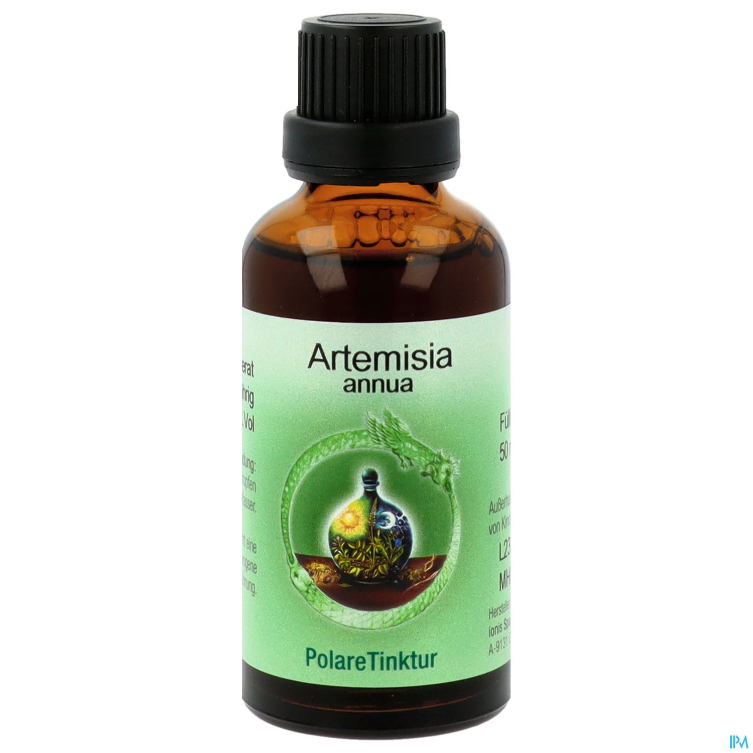 Flasche mit Artemisia annua Tinktur, grün etikettiert, mit abgebildetem Glasgefäß und Pflanzenmotiven.
