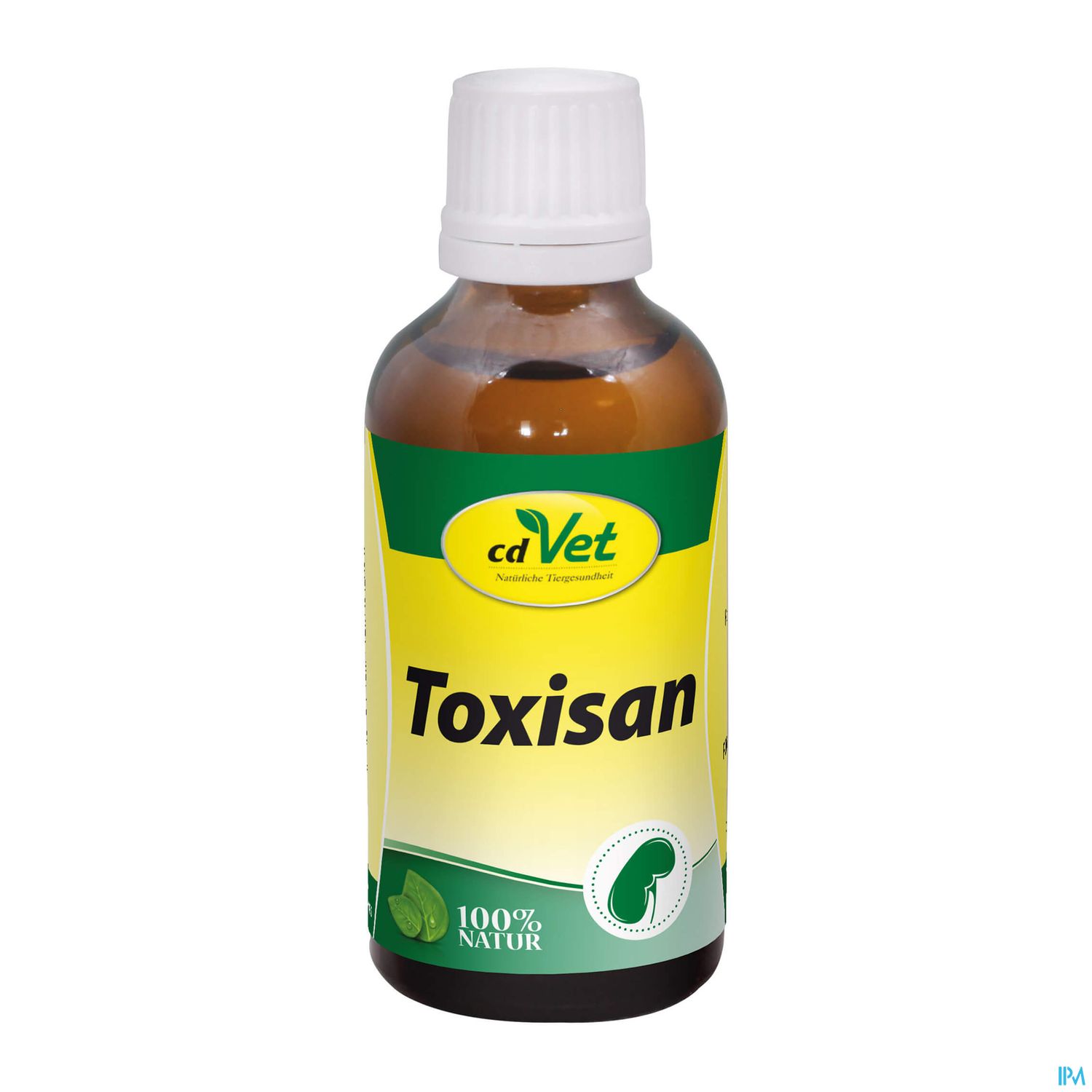 Braune Flasche mit weißem Verschluss, etikettiert mit „cdVet Toxisan“ und dem Hinweis „100% Natur“.