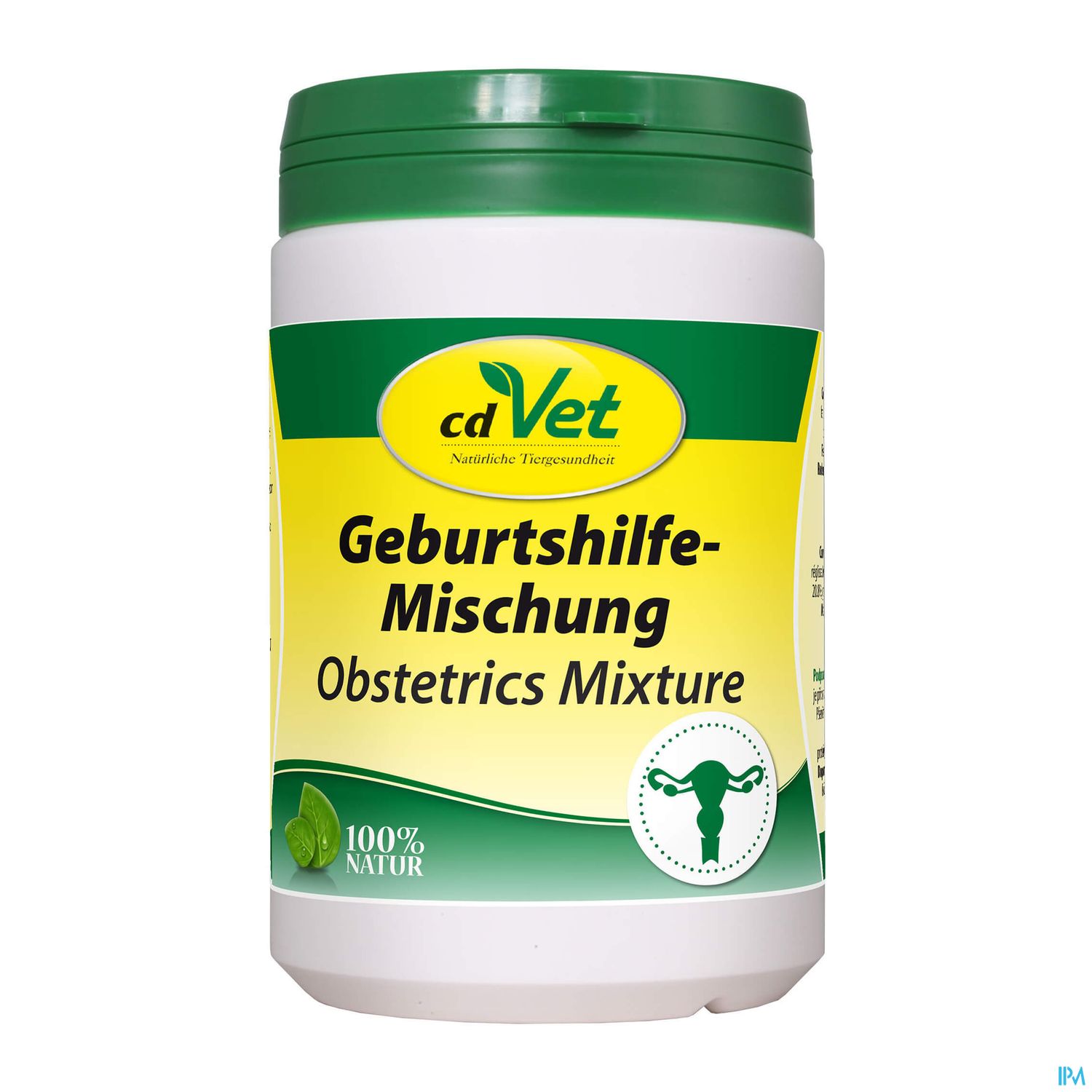 Weißes Behältnis mit grünem Deckel, beschriftet mit „cdVet Geburtshilfe-Mischung Obstetrics Mixture“ und dem Hinweis „100% Natur“.