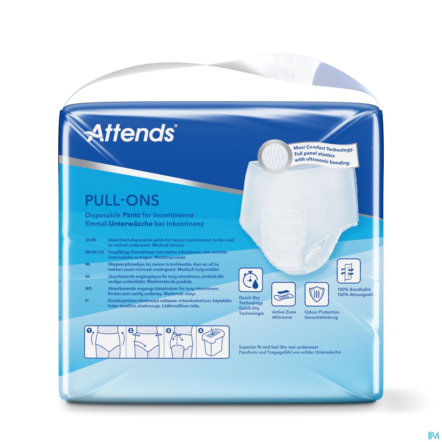 Verpackung von Attends Pull-Ons, Einmal-Hosen für Inkontinenz, mit Informationen zur Verwendung und Pflege.