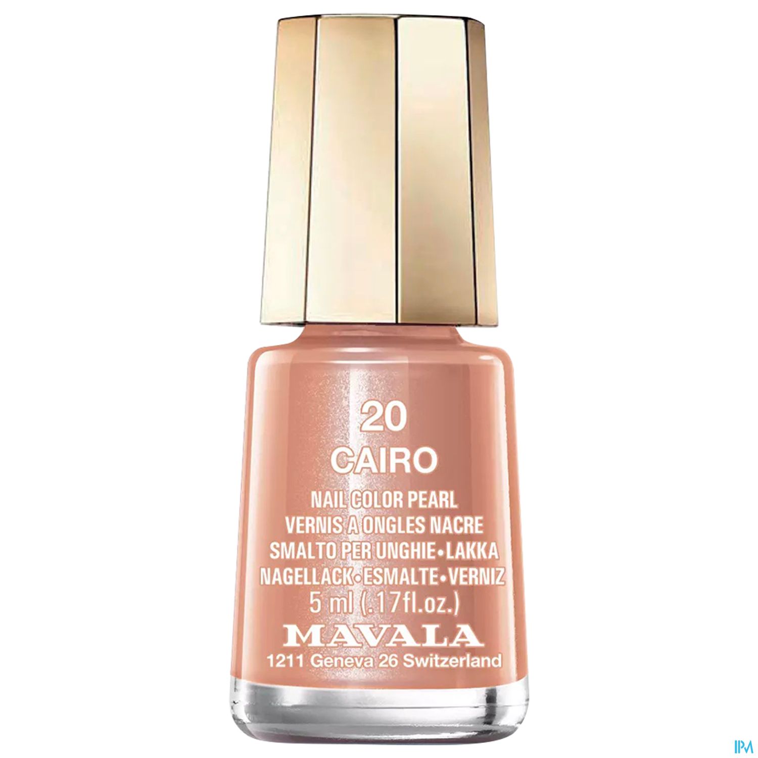 Nagellack-Flasche der Marke Mavala in der Farbe „Cairo“ (Nummer 20), mit goldenem Deckel und rosa-pearlfarbener Flüssigkeit.