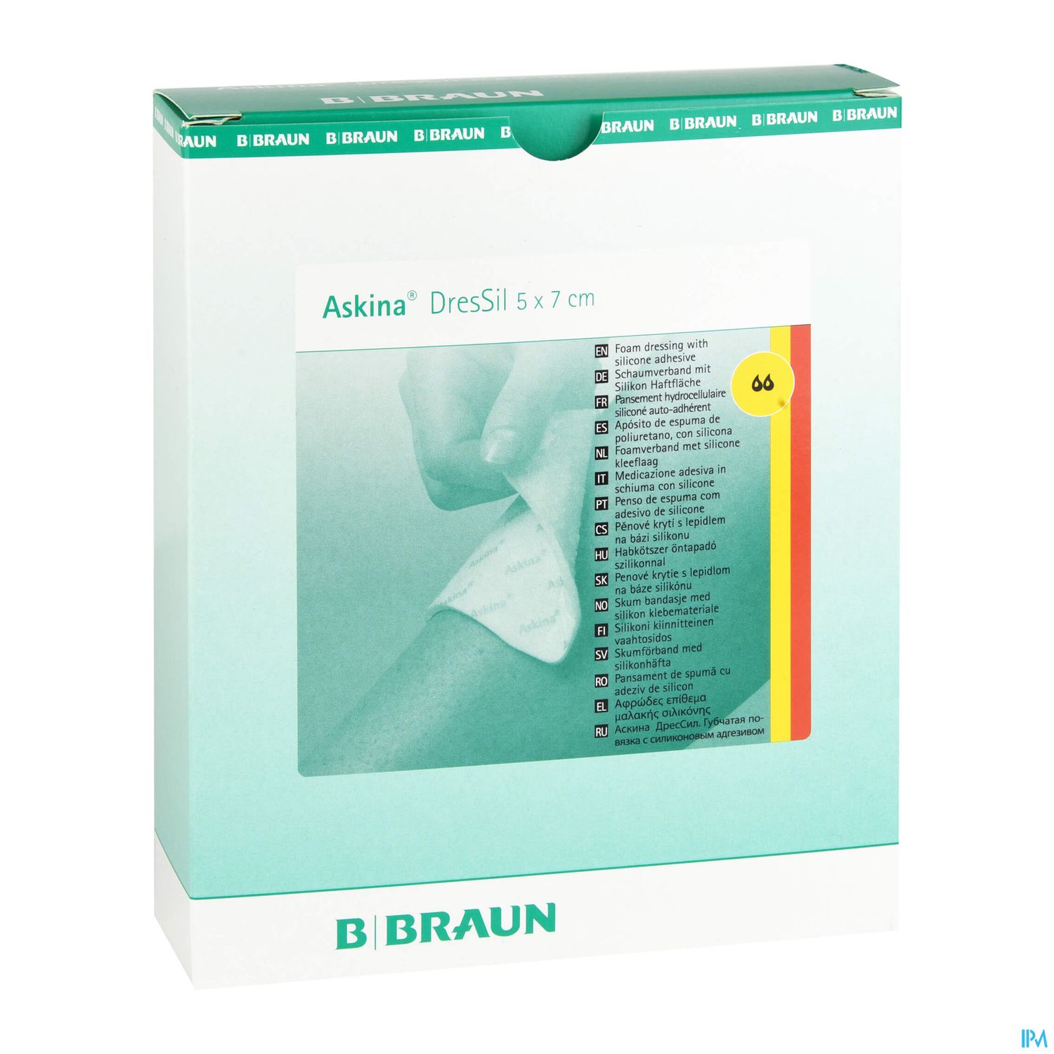 Verpackung des Askina DressSil Wundverbands 5 x 7 cm mit Anwendungshinweisen.