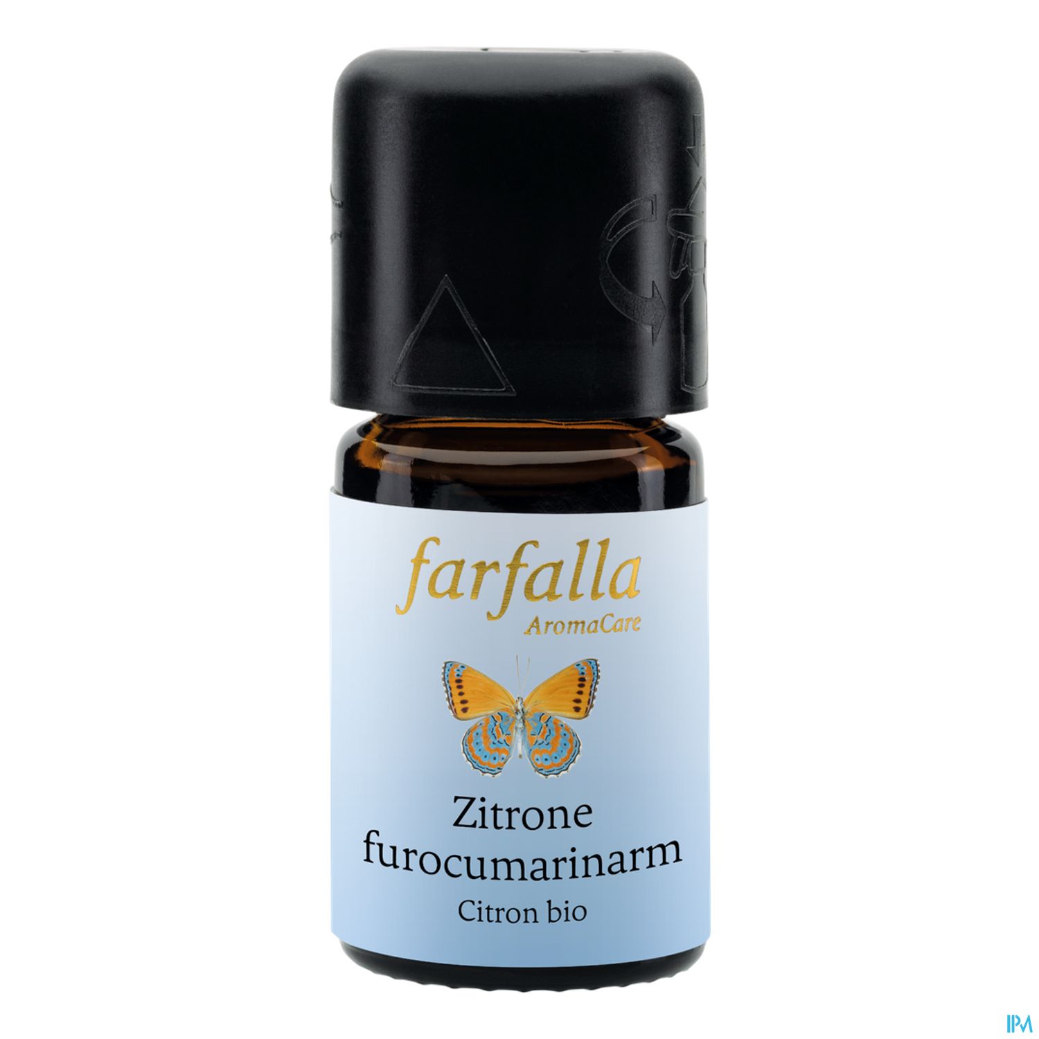 Eine Flasche ätherisches Öl mit einer Etikette, die den Text "farfalla AromaCare Zitrone furocumarinarmer Citron bio" zeigt, und einem Schmetterlingsmotiv.