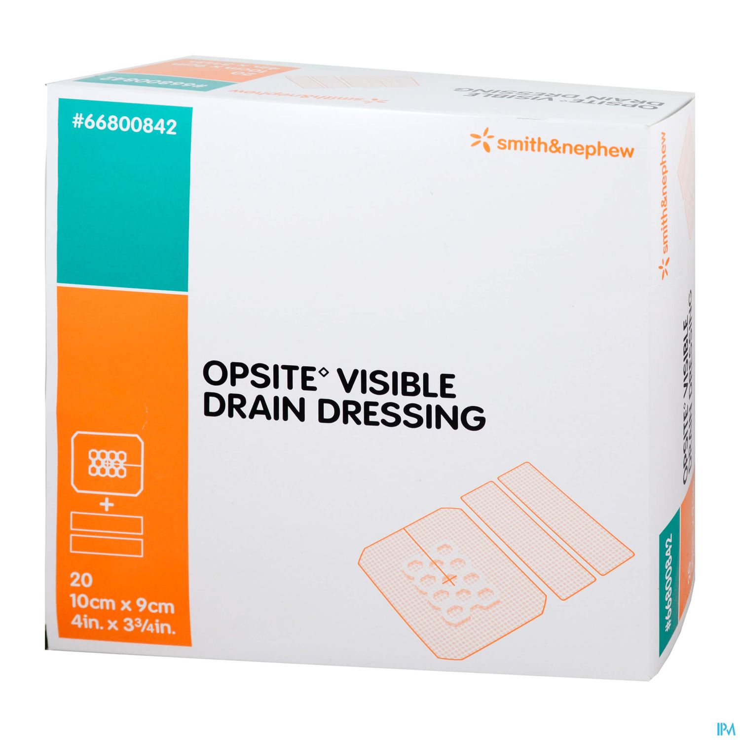 Verpackung eines opsiten Sichtbare Drainageverbands von Smith & Nephew mit Angabe der Größe und Stückzahl.
