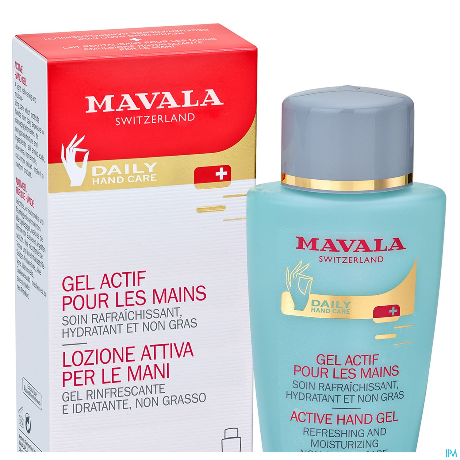 Produktbild von Mavala Daily Hand Care, mit einem blauen Handgel und einer Umverpackung mit mehrsprachiger Beschriftung.